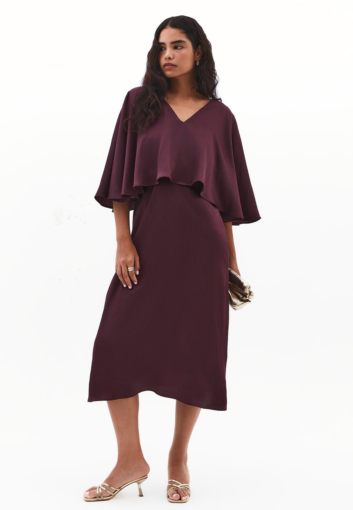 V Neck Long Dress - Burgundy