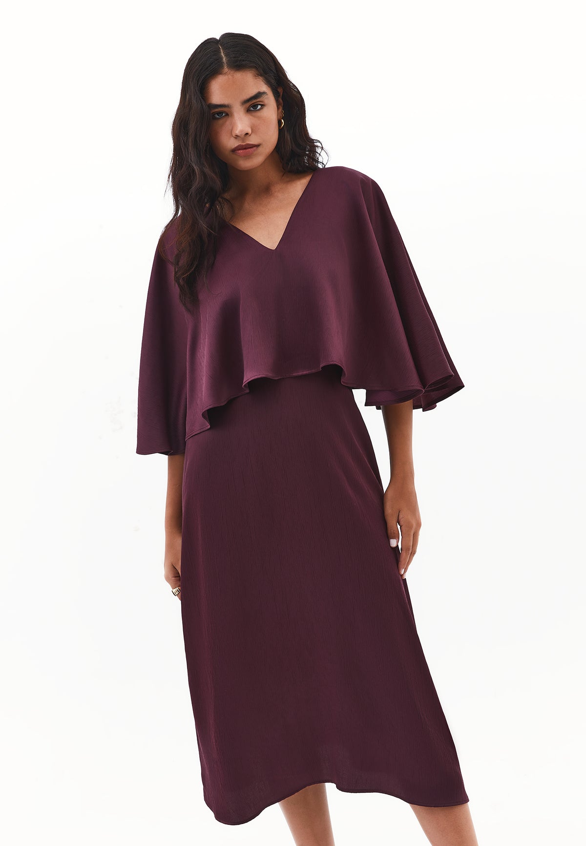V Neck Long Dress - Burgundy