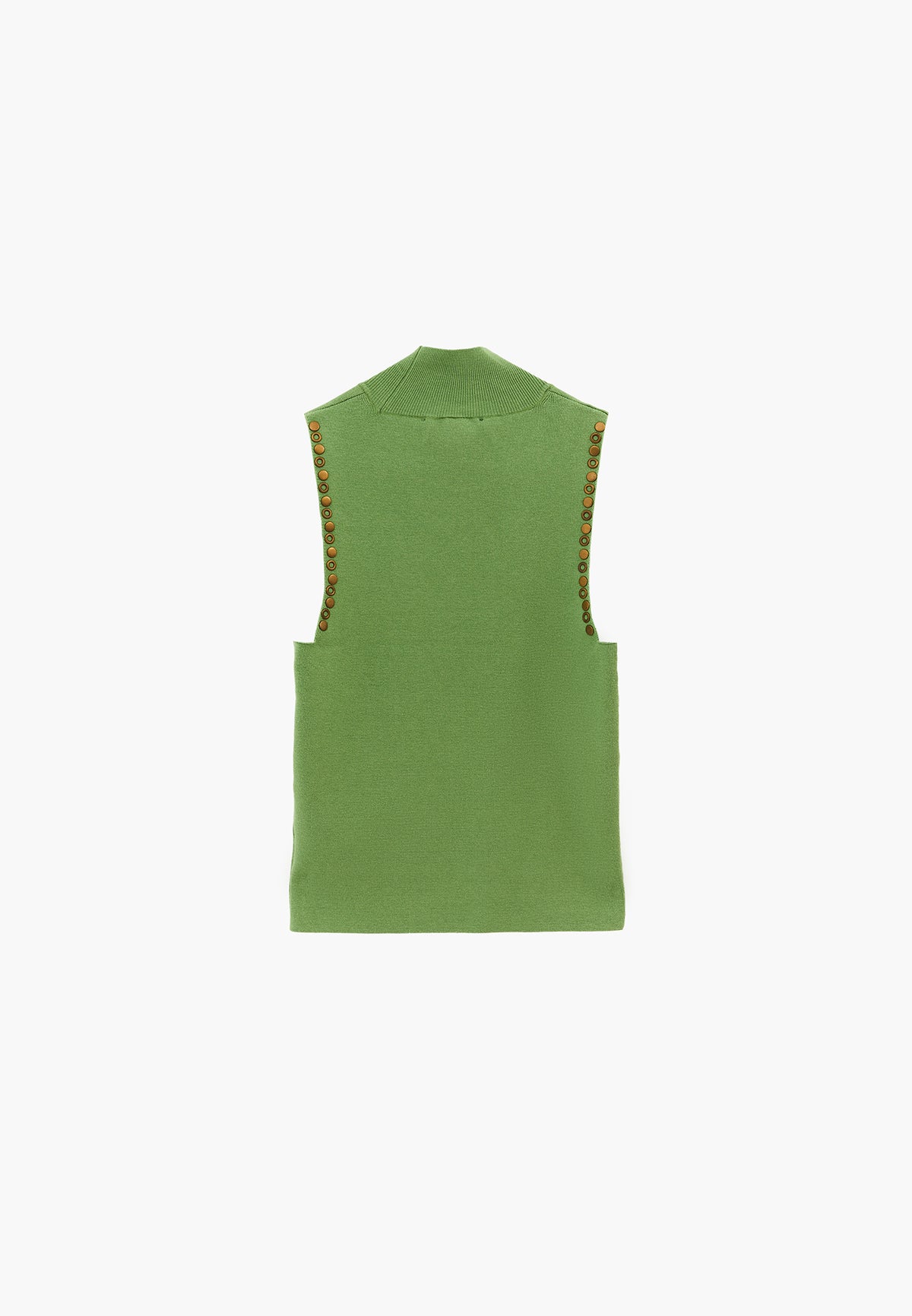 Sleeveless Knit Tank Top with High Neck and Stone Embellishment - Green