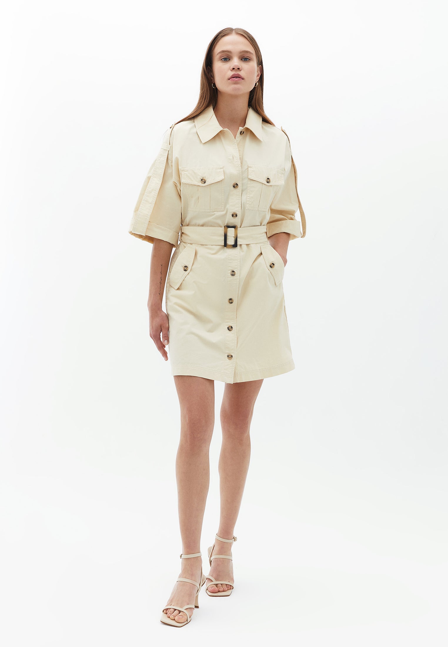 Belted shirt collar dress - WOOD ASH