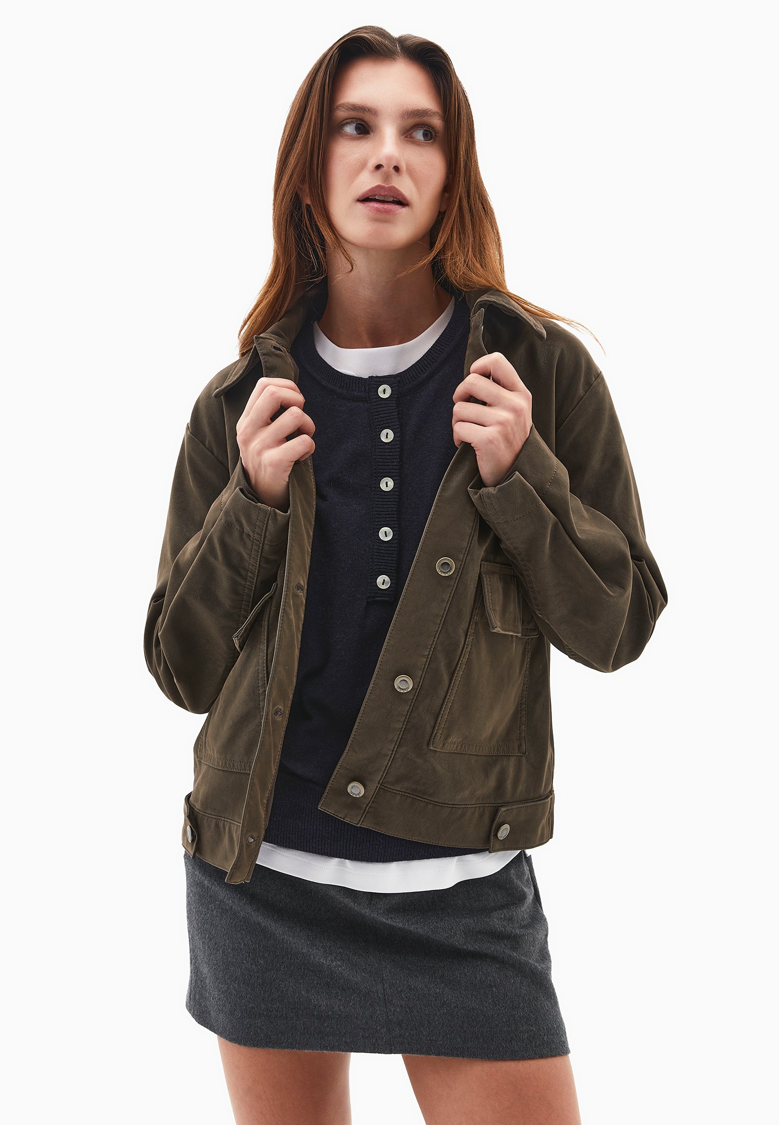 SLIM SUEDE JACKET WITH POCKET DETAILS - WREN