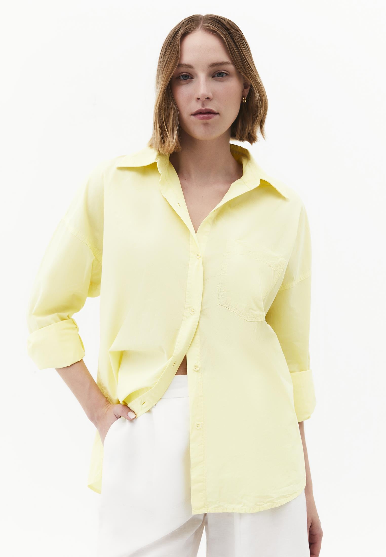 Oversized Long-Sleeve Shirt with Pocket Detail - YELLOW PEAR