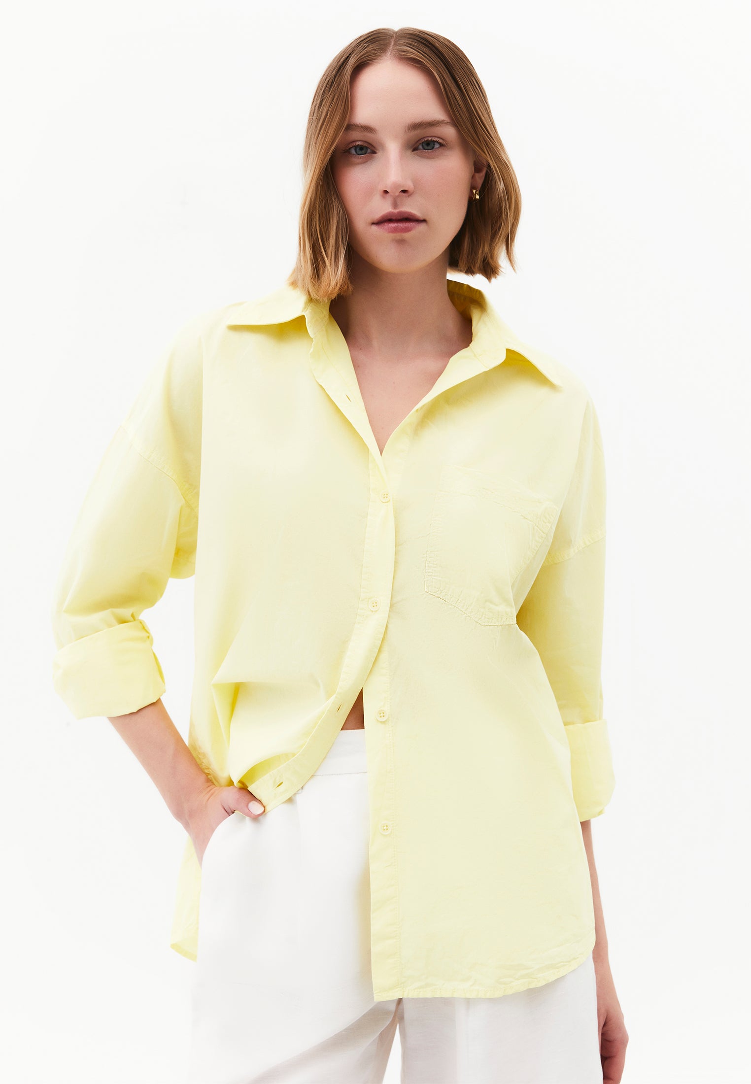 Oversized Long-Sleeve Shirt with Pocket Detail - YELLOW PEAR