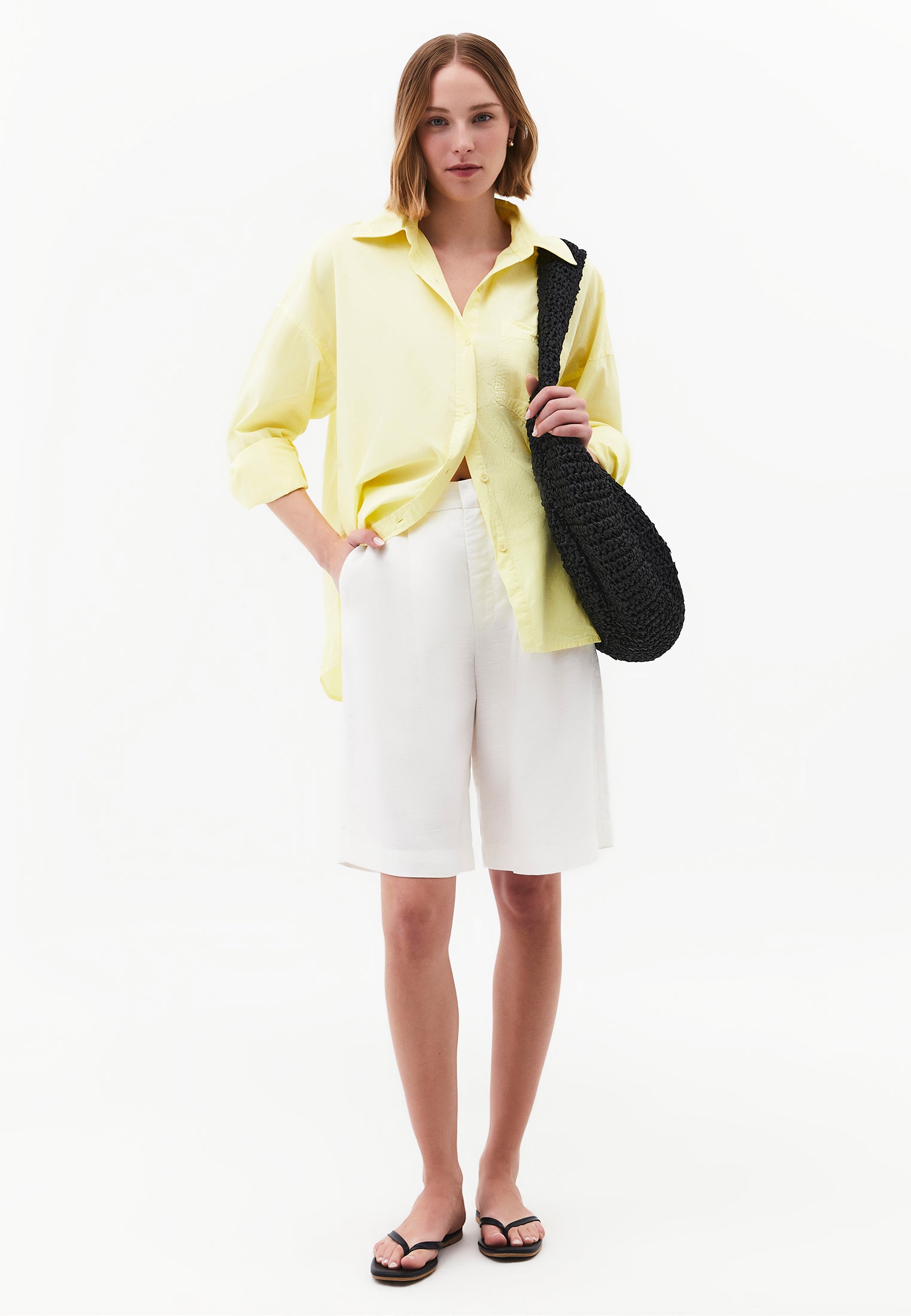Oversized Long-Sleeve Shirt with Pocket Detail - YELLOW PEAR
