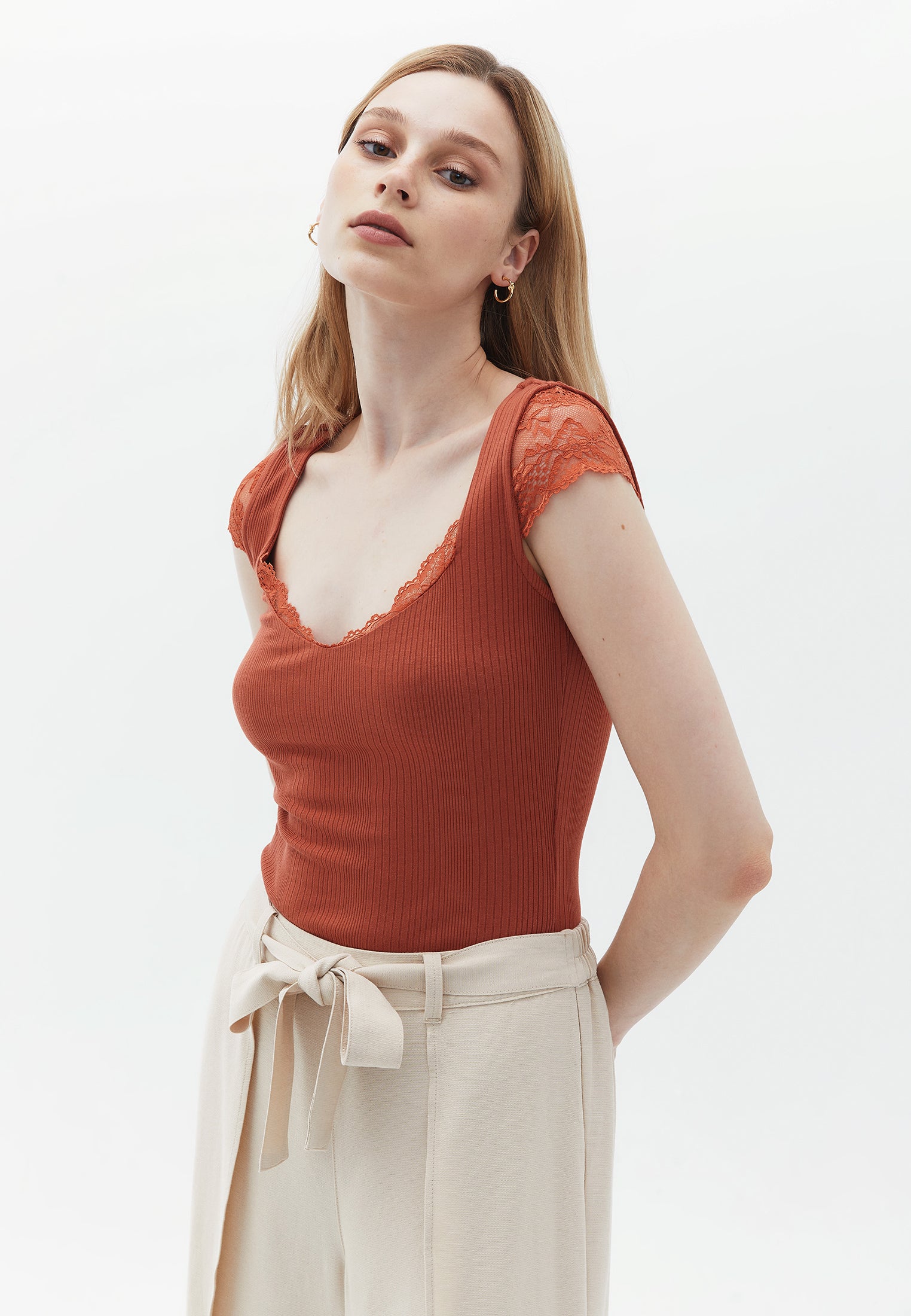 V-neck Blouse with Lace Detail - BAKED CLAY