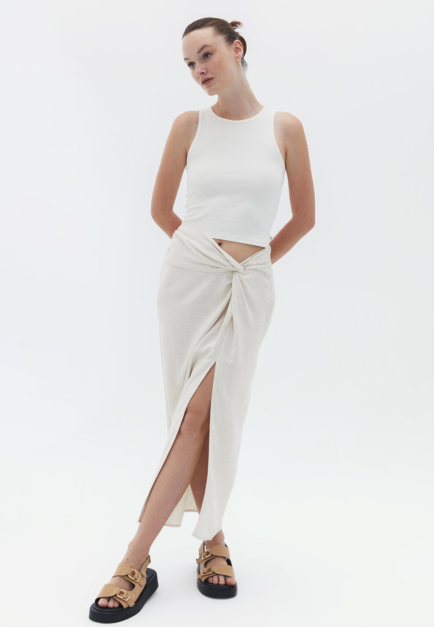 Linen Blended Maxi Skirt - NATURAL