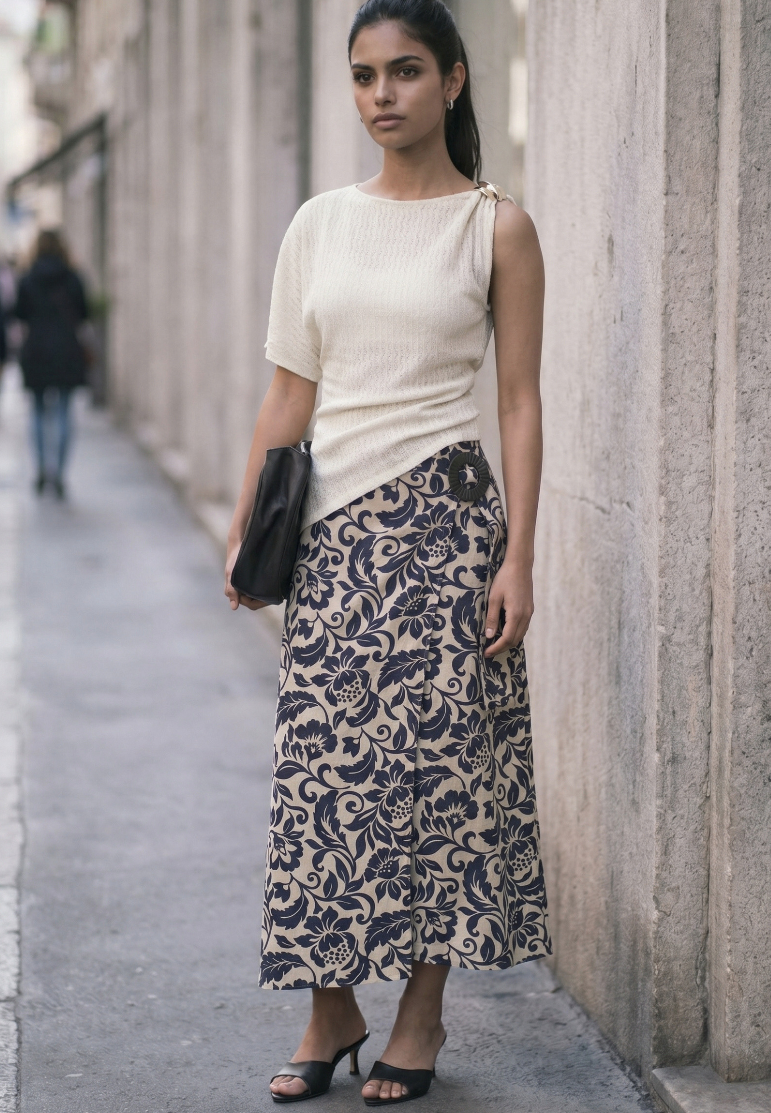 Long Belted Printed A-Line Skirt - LEAF COMB