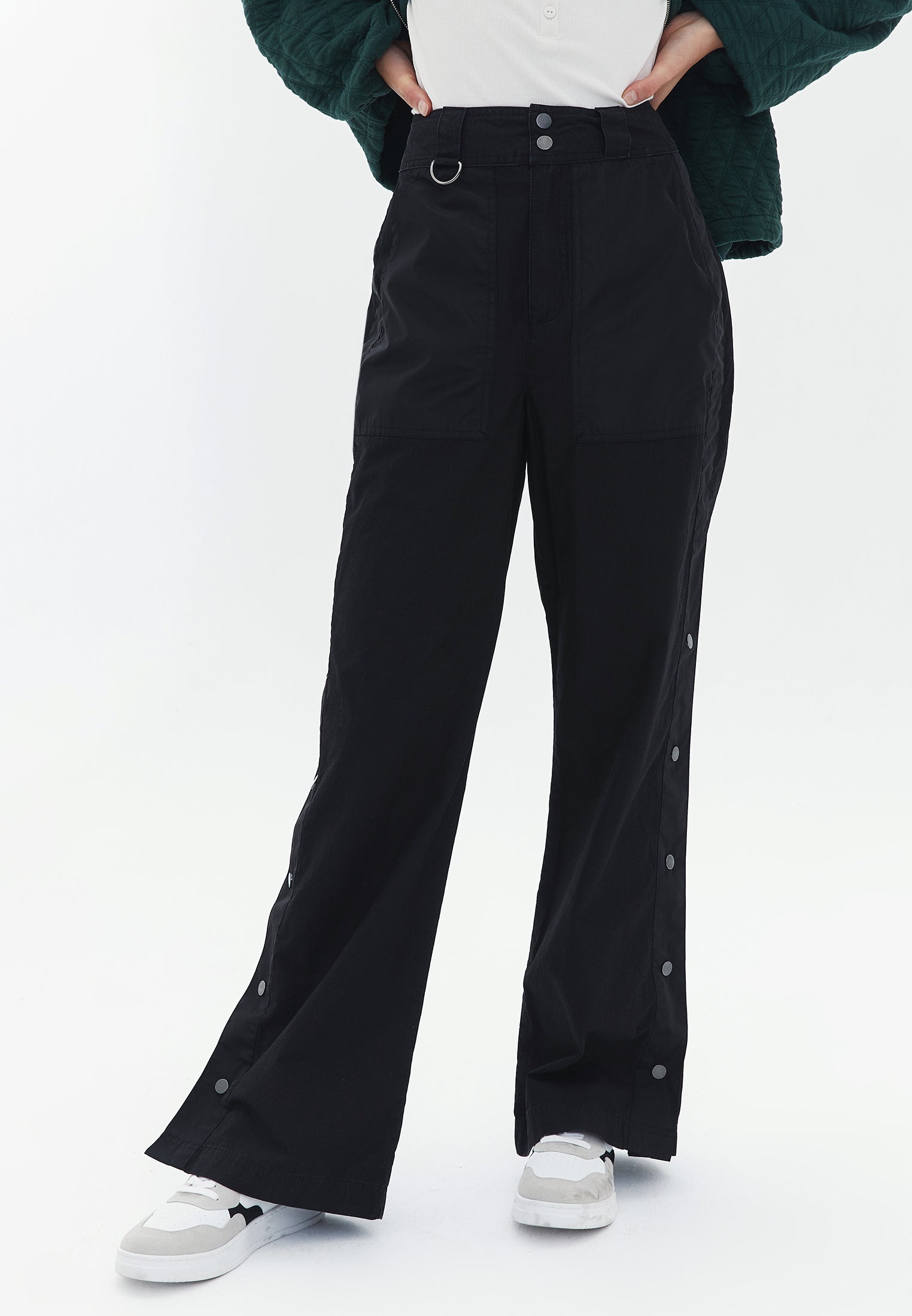 High Rise Denim Pants with Button Detail - BLACK DENIM