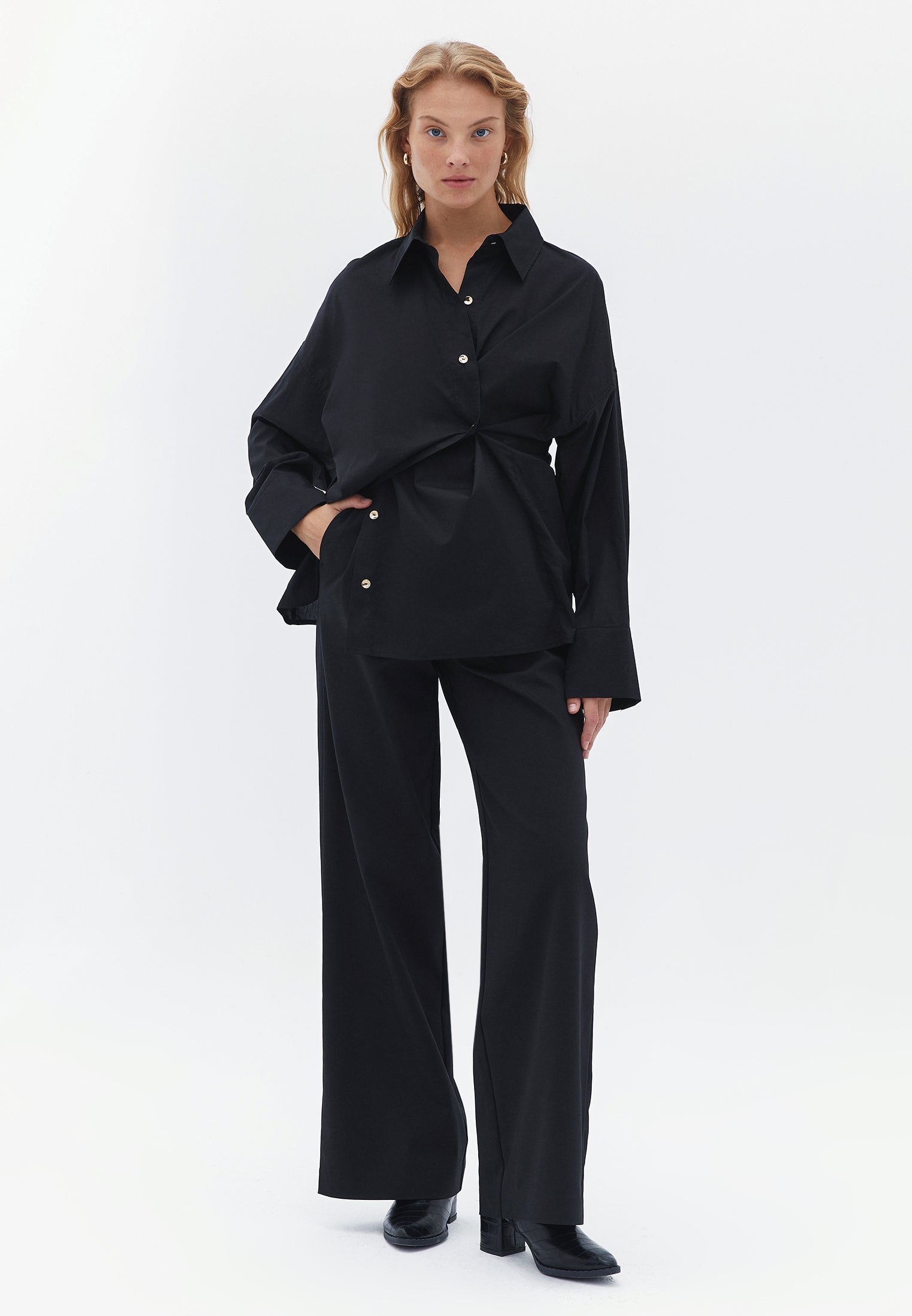 High Rise Wide Leg Pants - BLACK