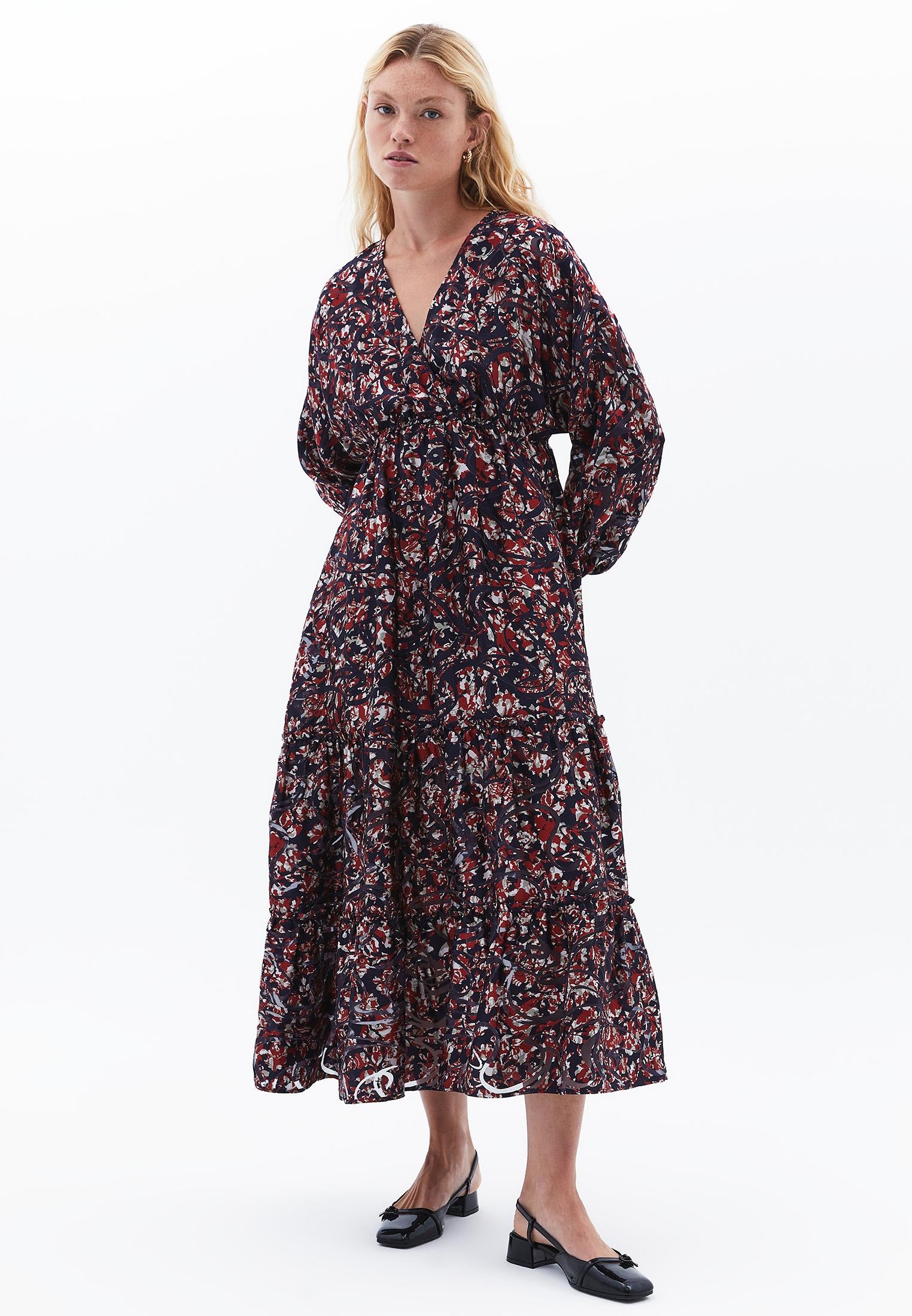 V Neck Balloon Sleeve Long Dress - ABSTRACT COMB