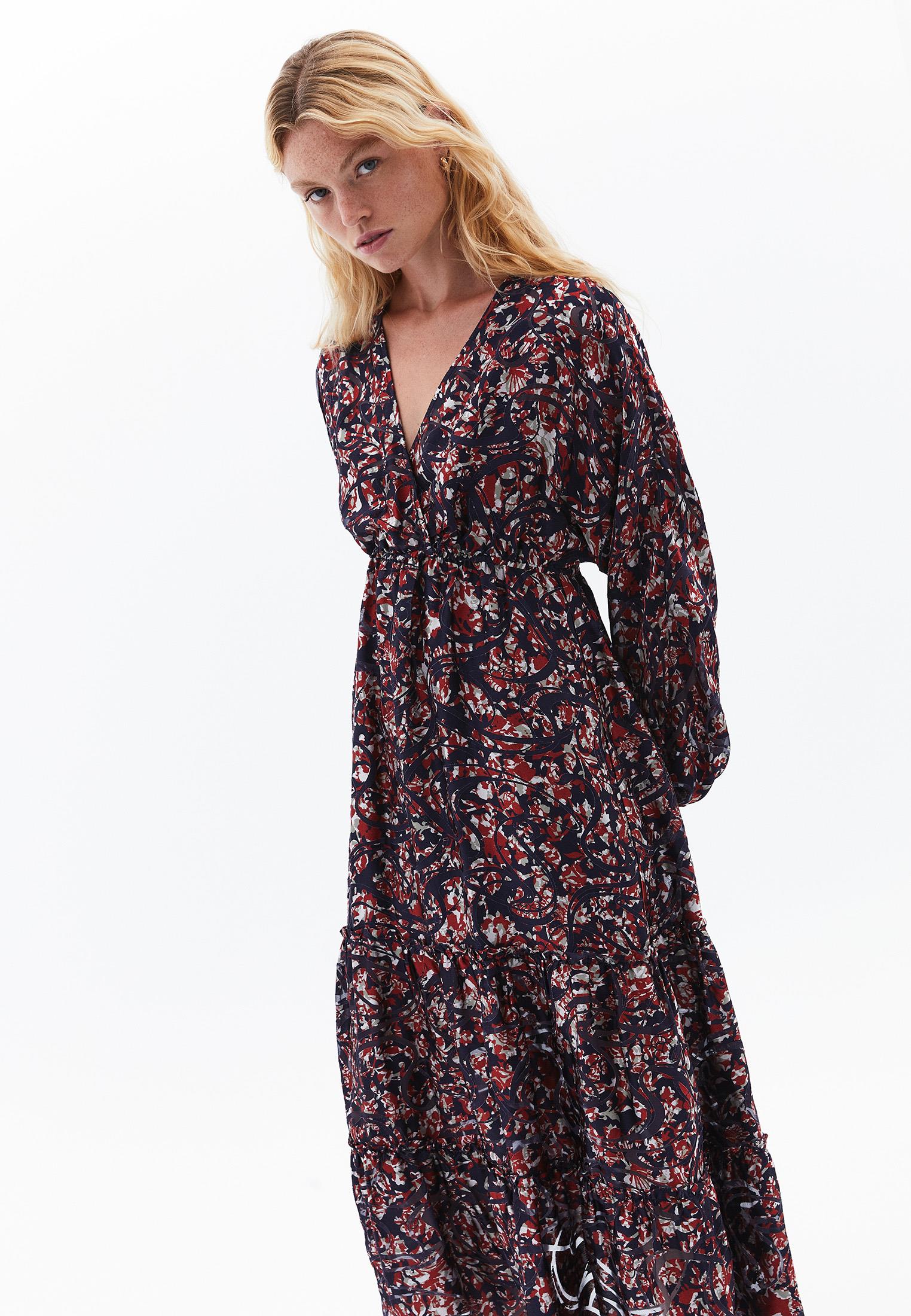 V Neck Balloon Sleeve Long Dress - ABSTRACT COMB