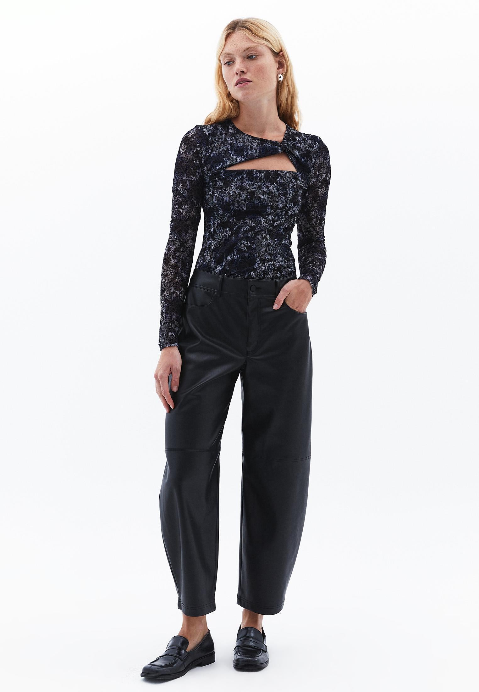 Glitter Crew Neck Long Sleeve Bodycon T-Shirt - ABSTRACT COMB