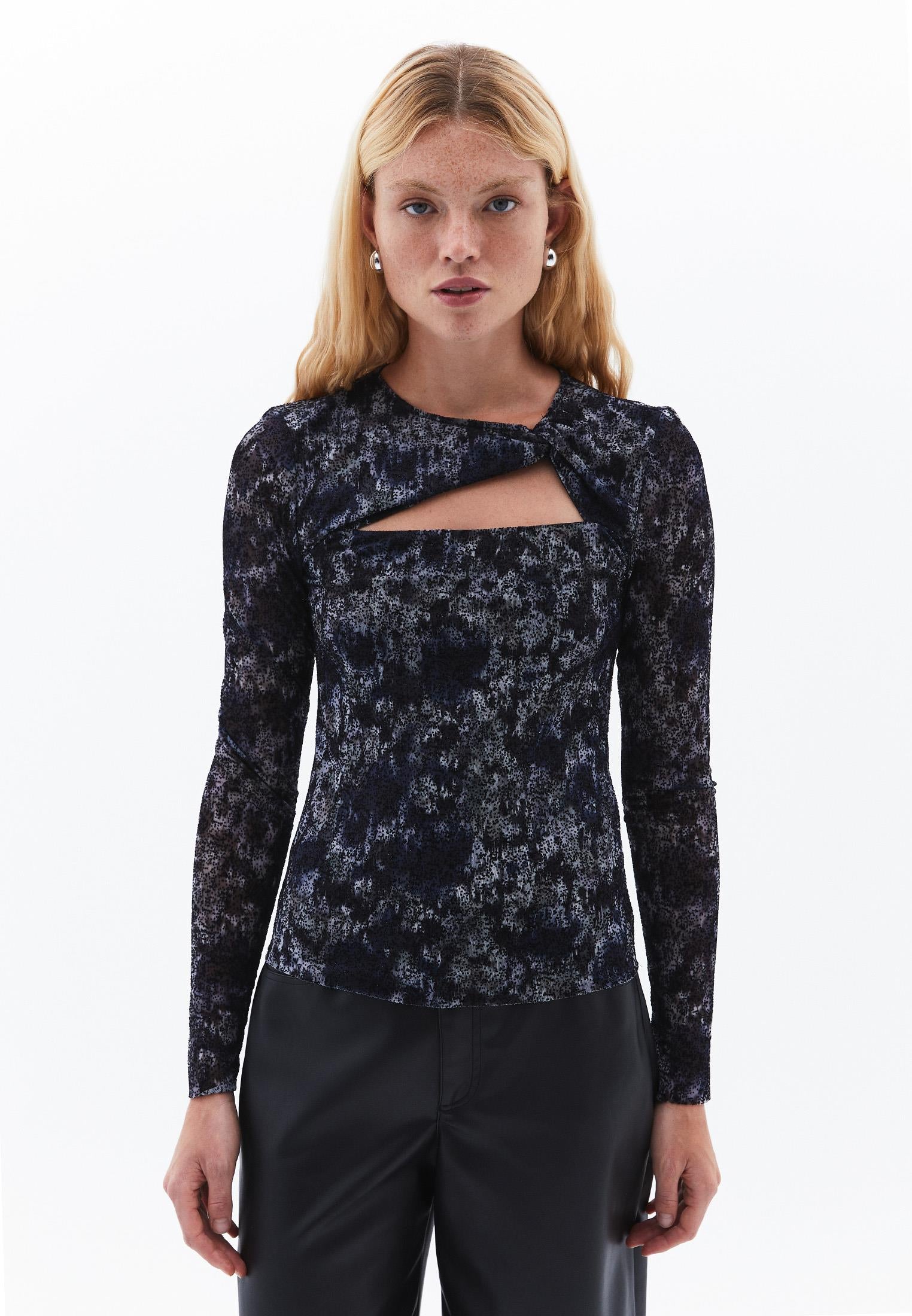 Glitter Crew Neck Long Sleeve Bodycon T-Shirt - ABSTRACT COMB