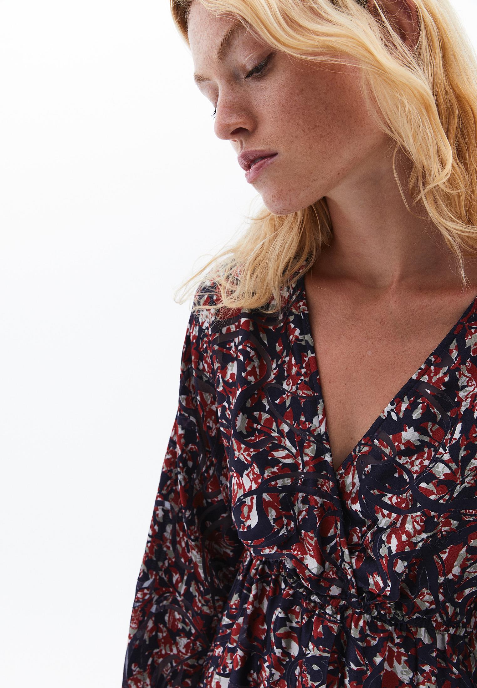 V Neck Balloon Sleeve Long Dress - ABSTRACT COMB