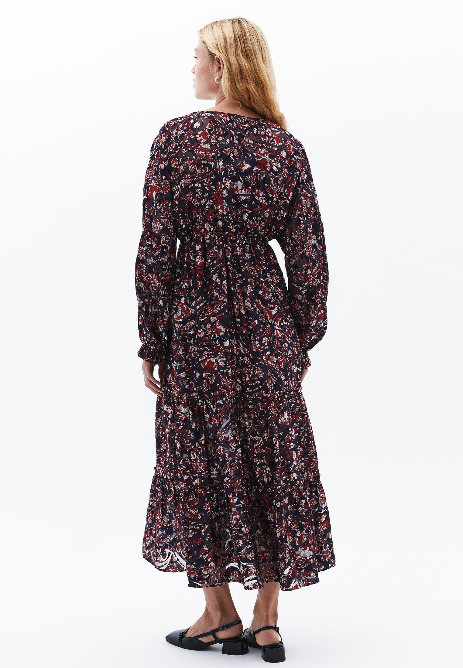 V Neck Balloon Sleeve Long Dress - ABSTRACT COMB