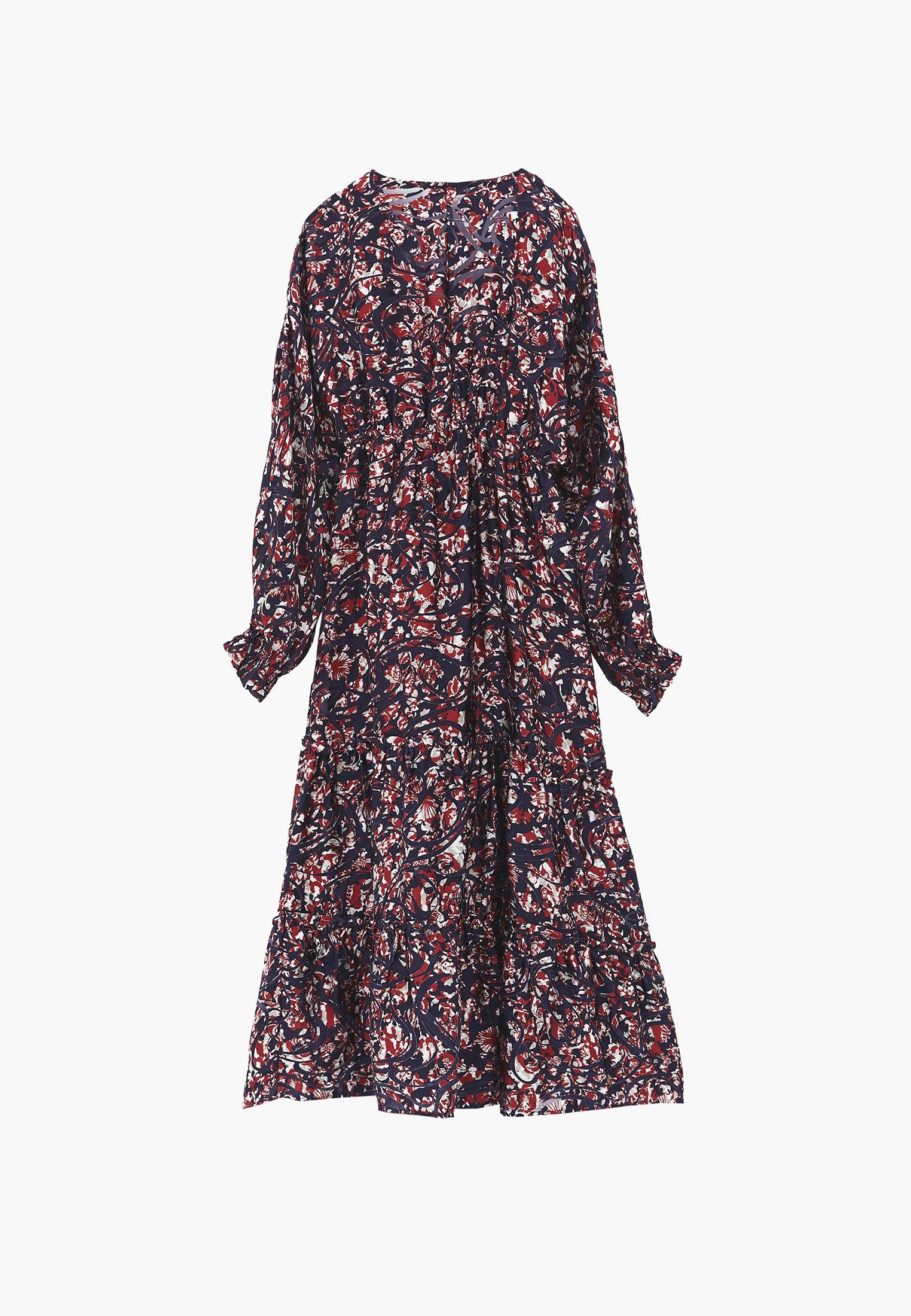 V Neck Balloon Sleeve Long Dress - ABSTRACT COMB