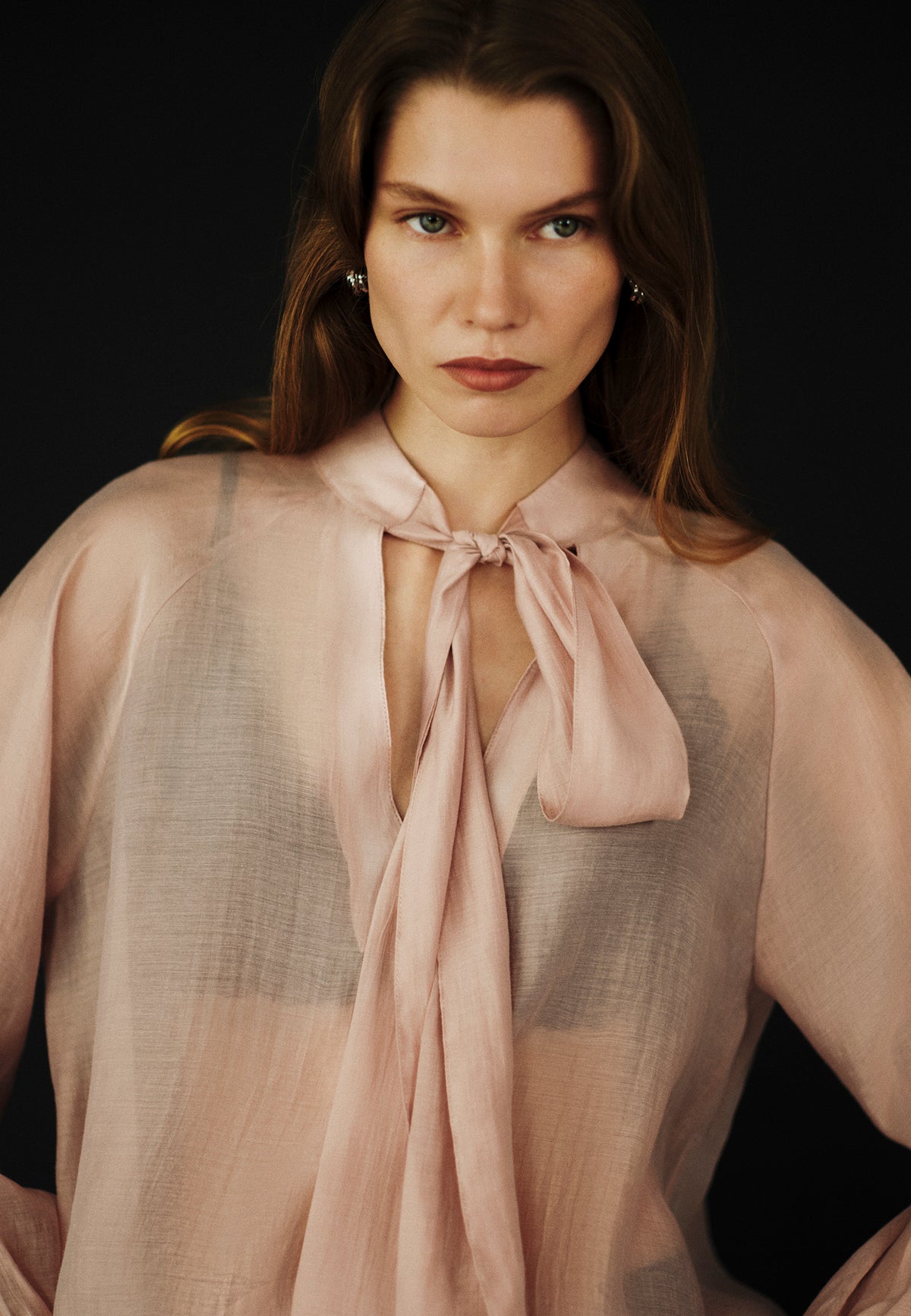 Deep V Neck Tie Blouse - Pink