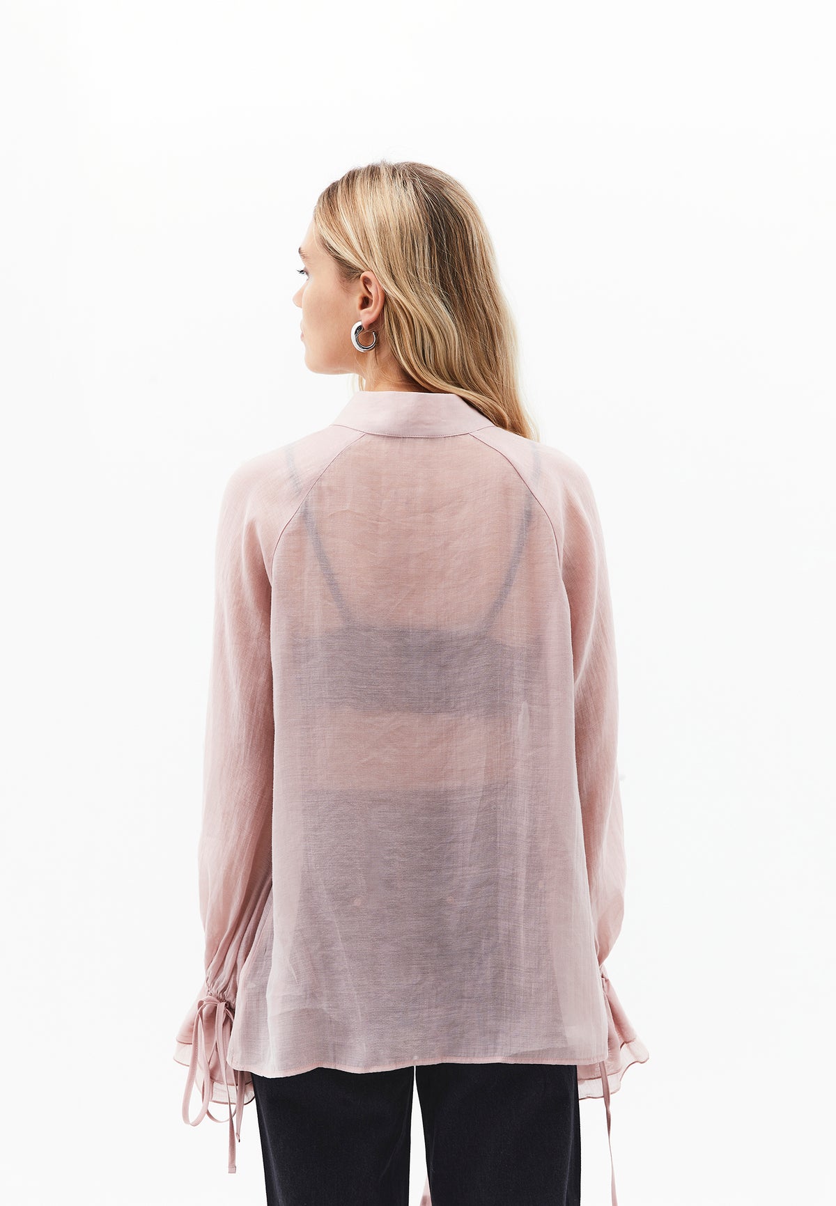 Deep V Neck Tie Blouse - Pink