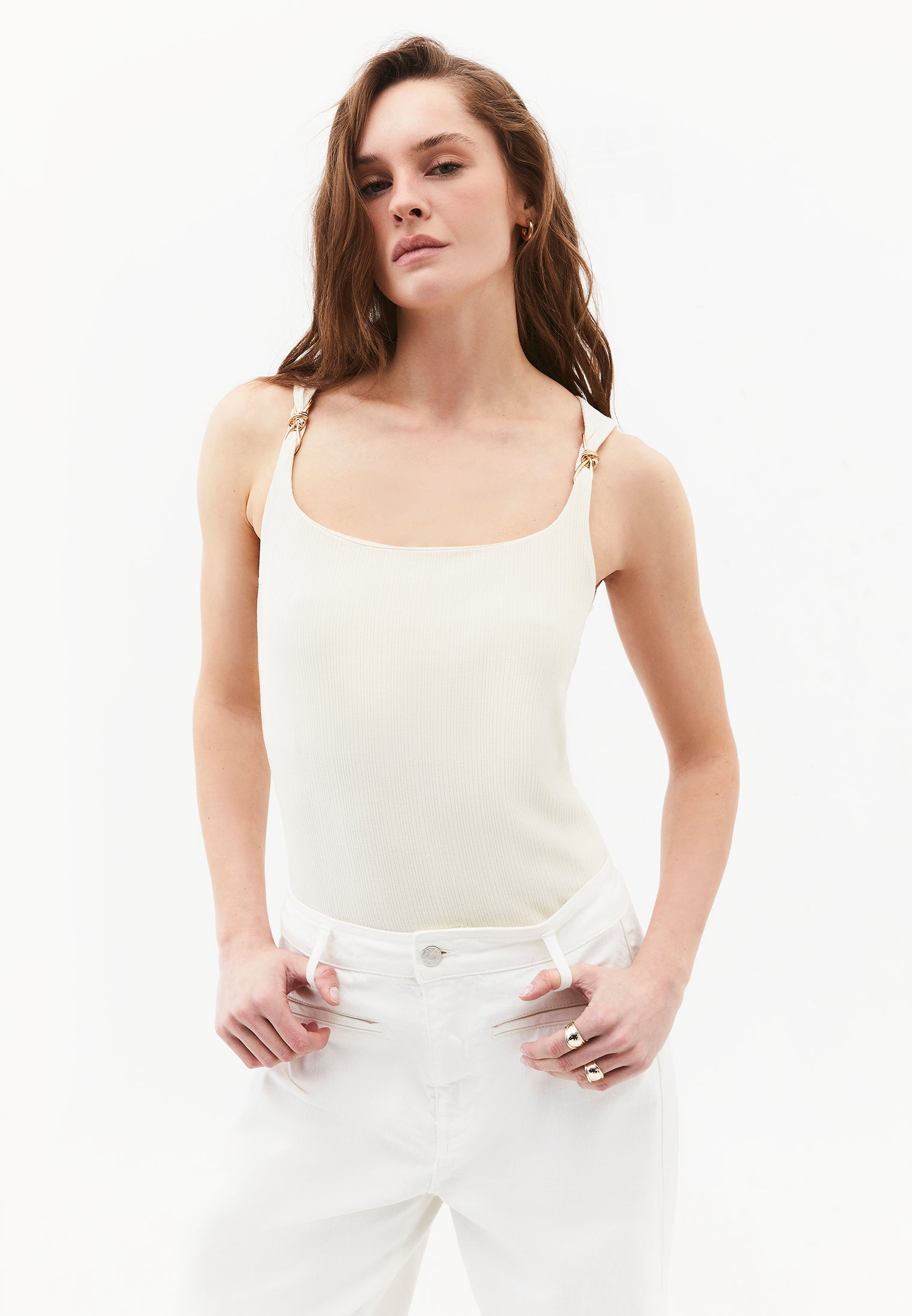 Wide Neck Buckle Detail Tank Top - ALMOND MILK