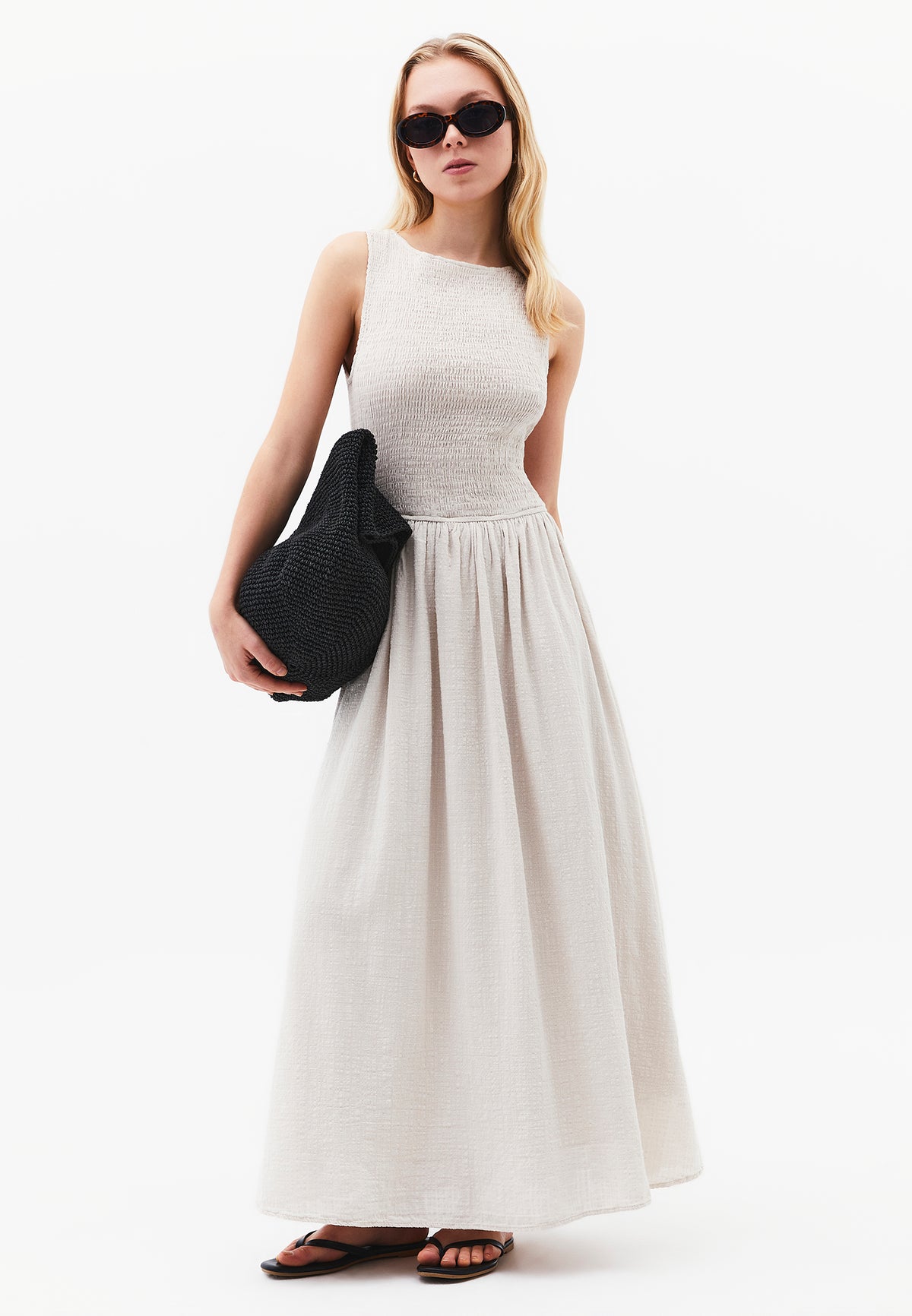 Long Boat Neck Smocked Sleeveless Dress - Cream