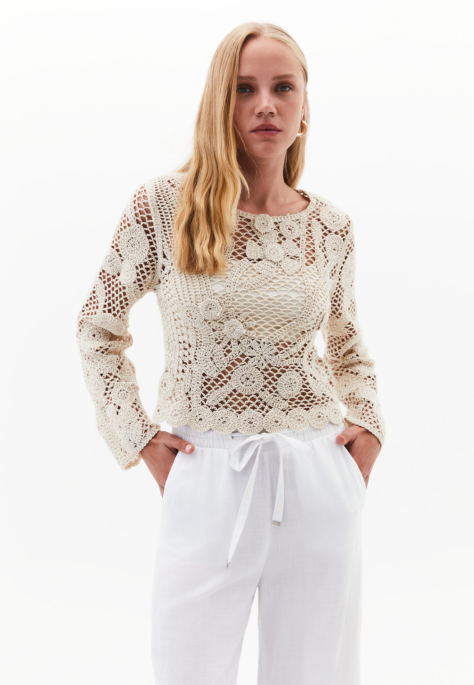 Cotton Long Sleeved Blouse - ALMOND MILK