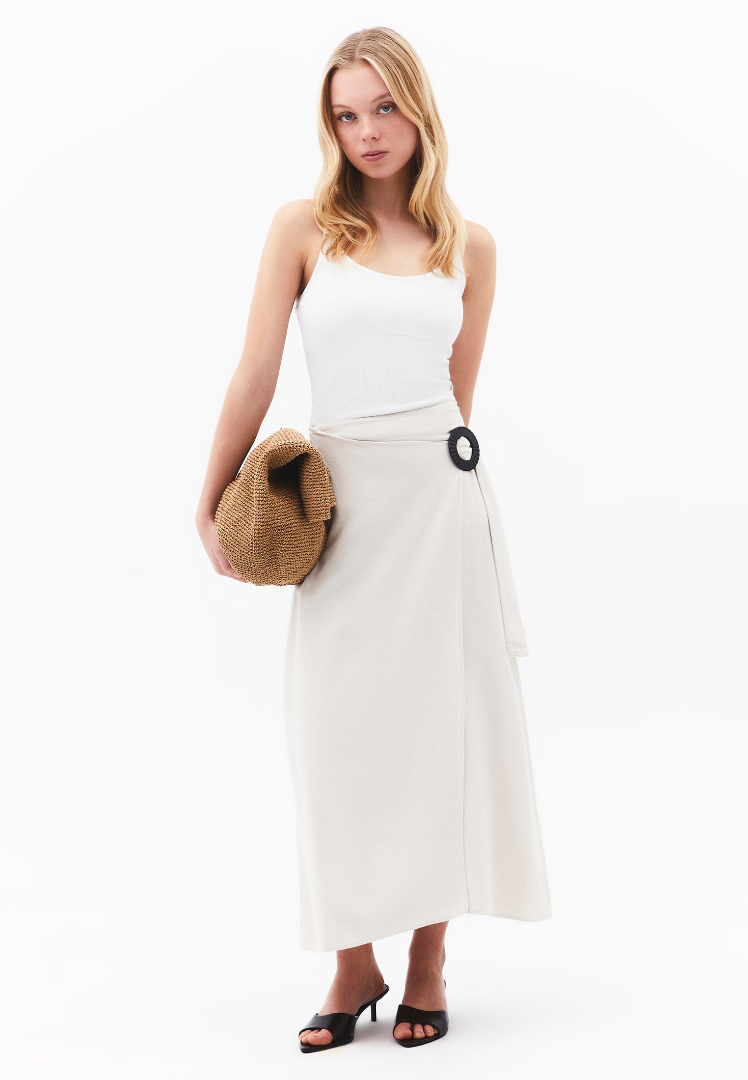 Long Belted A-Line Skirt - ALMOND MILK
