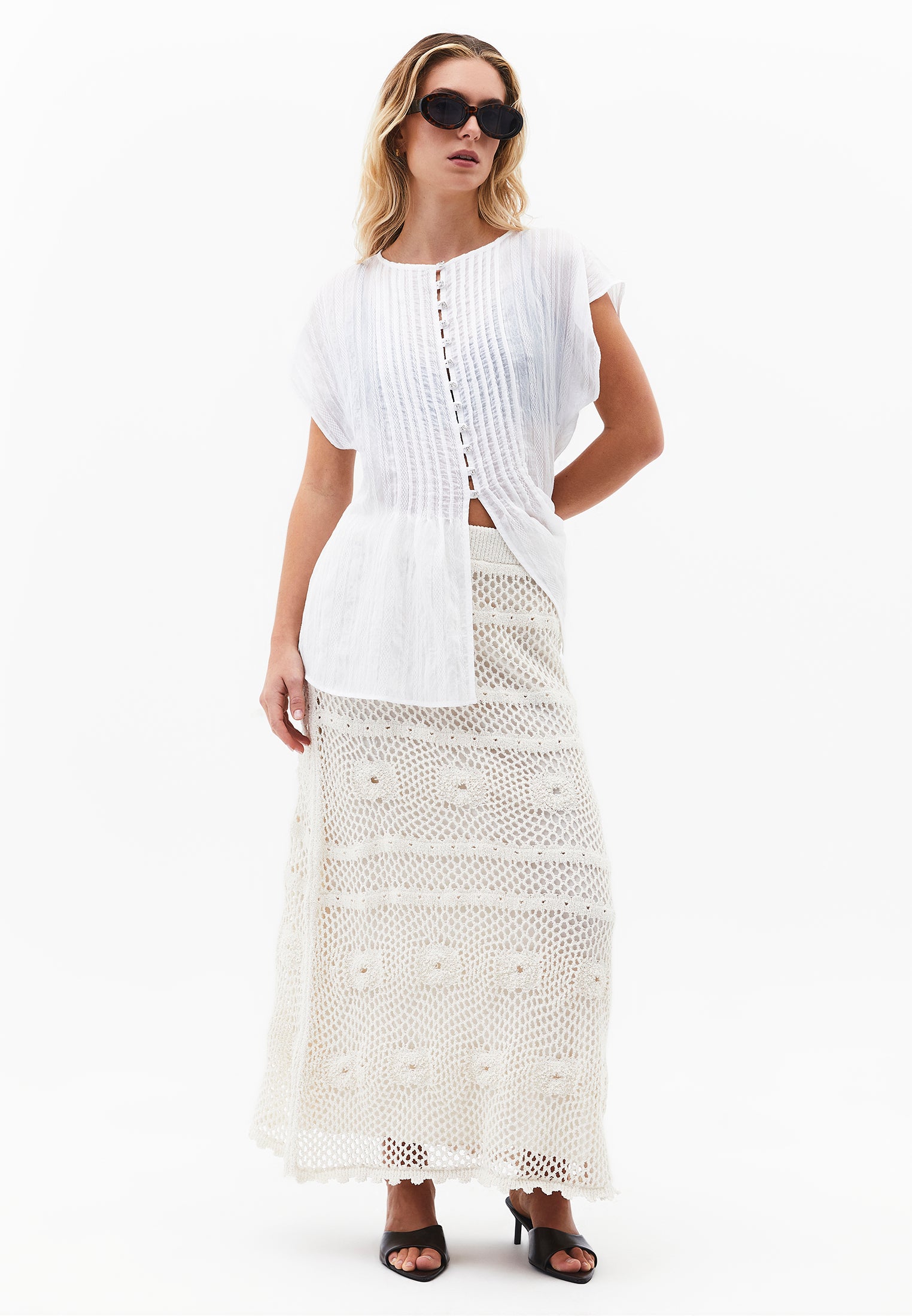 Midi Length Openwork Skirt - ALMOND MILK