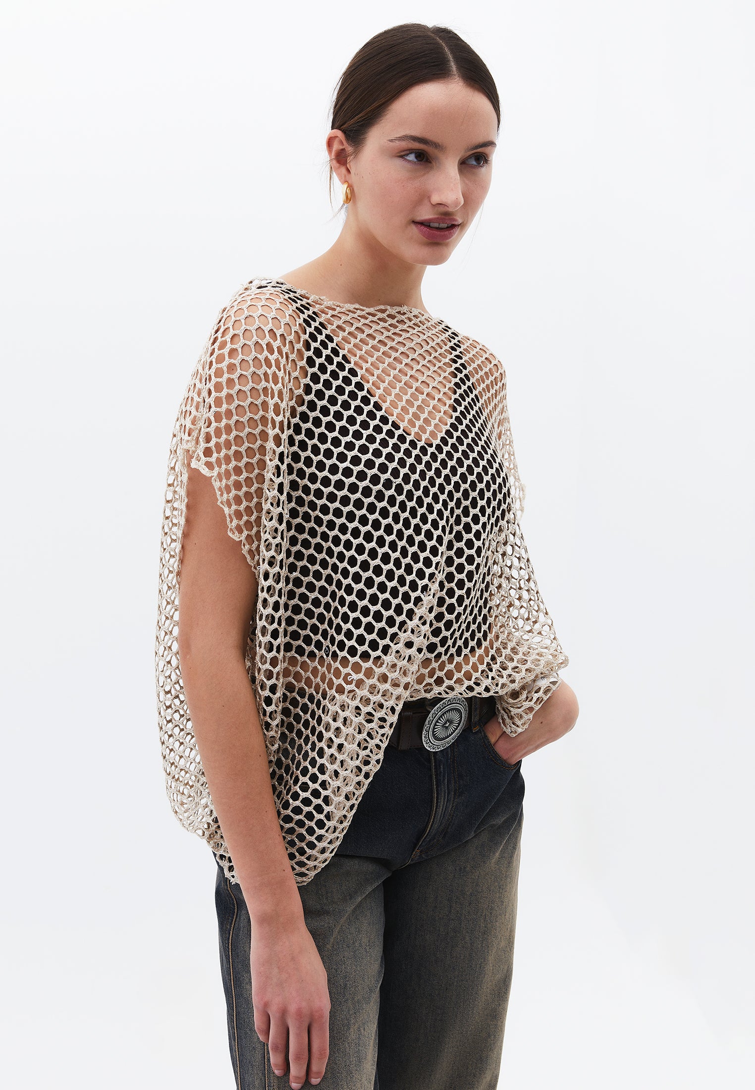 Oversize Boat Neck Tunic Blouse - ALMOND MILK