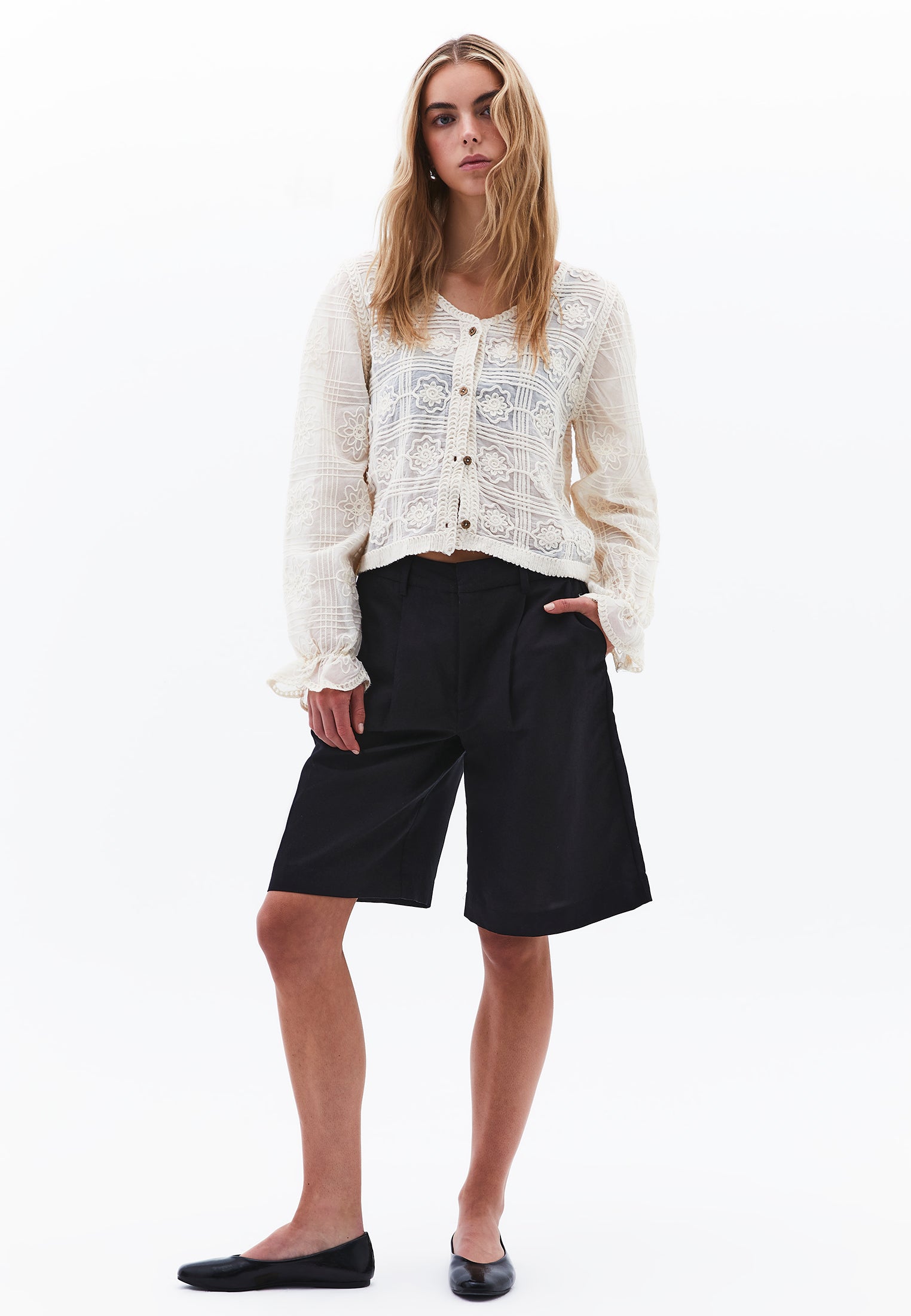 V Neck Embroidered Blouse - ALMOND MILK