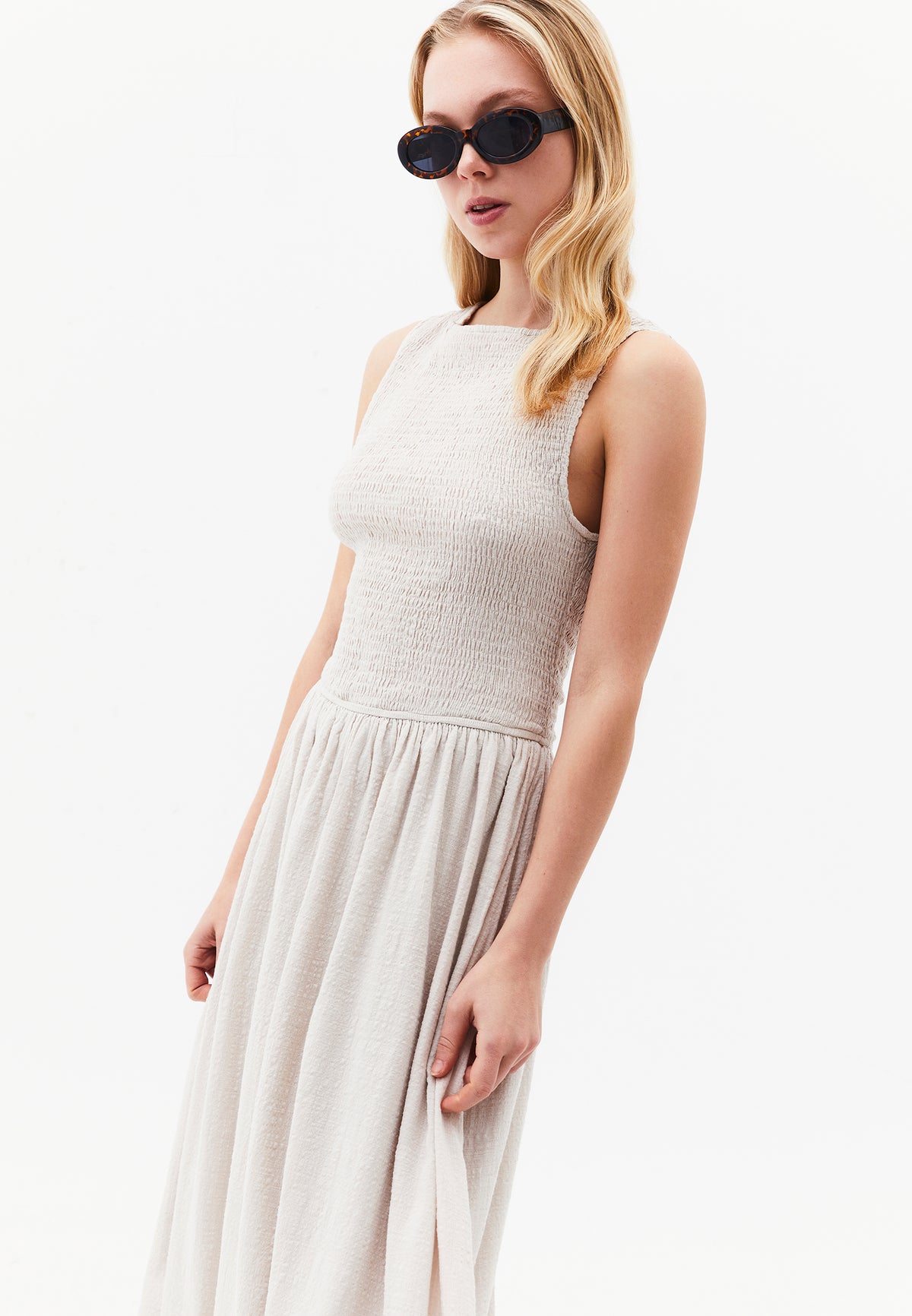 Long Boat Neck Smocked Sleeveless Dress - ALMOND MILK