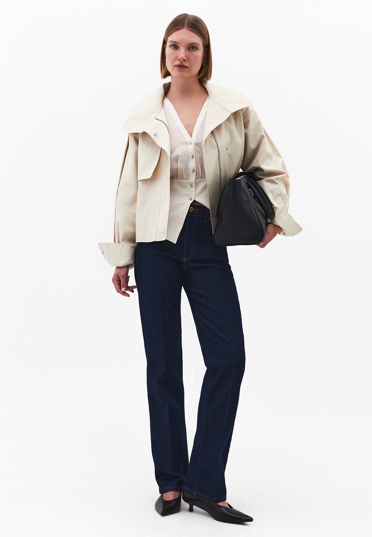 Ruched V-Neck Long Sleeve Blouse - ALMOND MILK