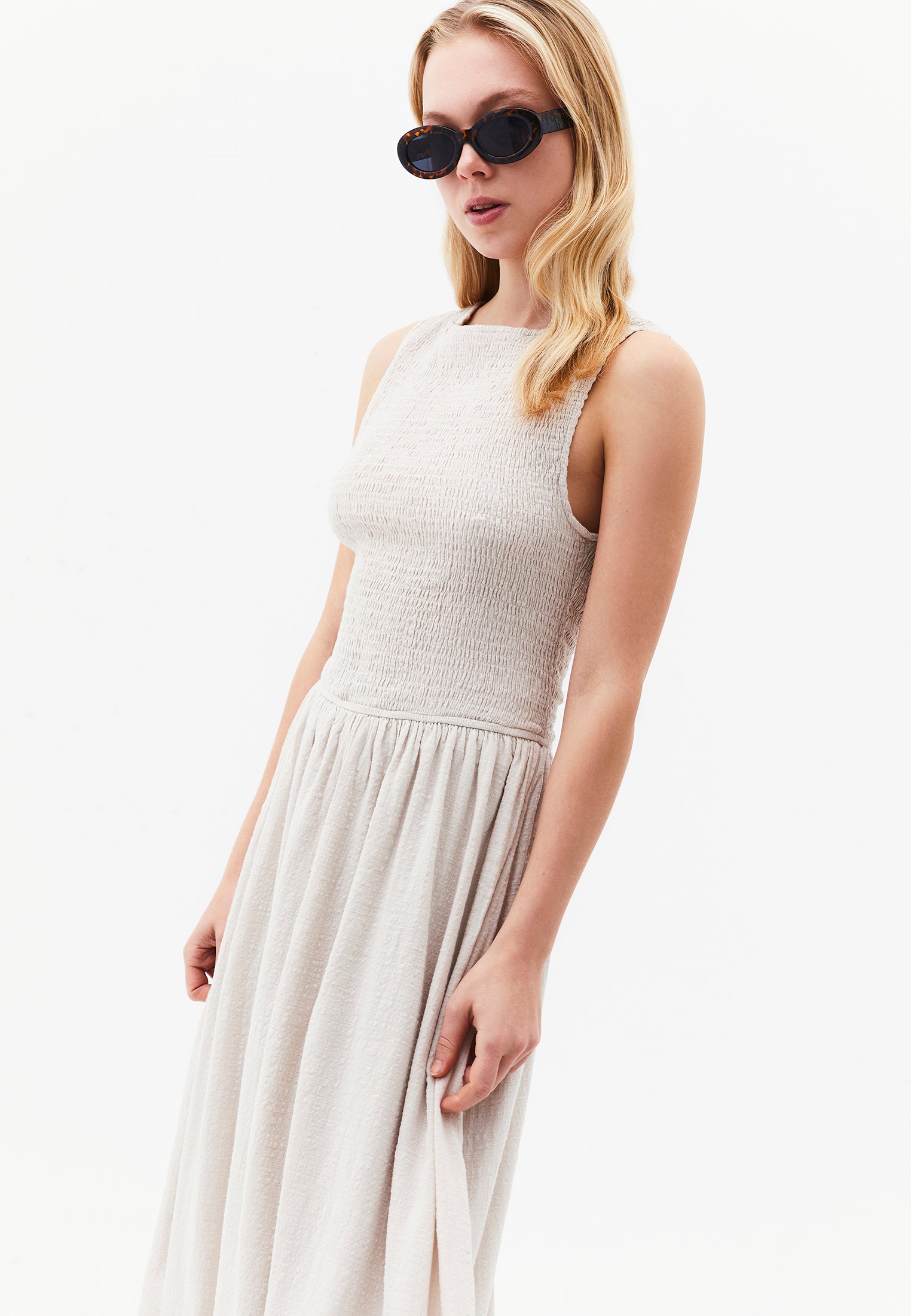 Long Boat Neck Smocked Sleeveless Dress - ALMOND MILK