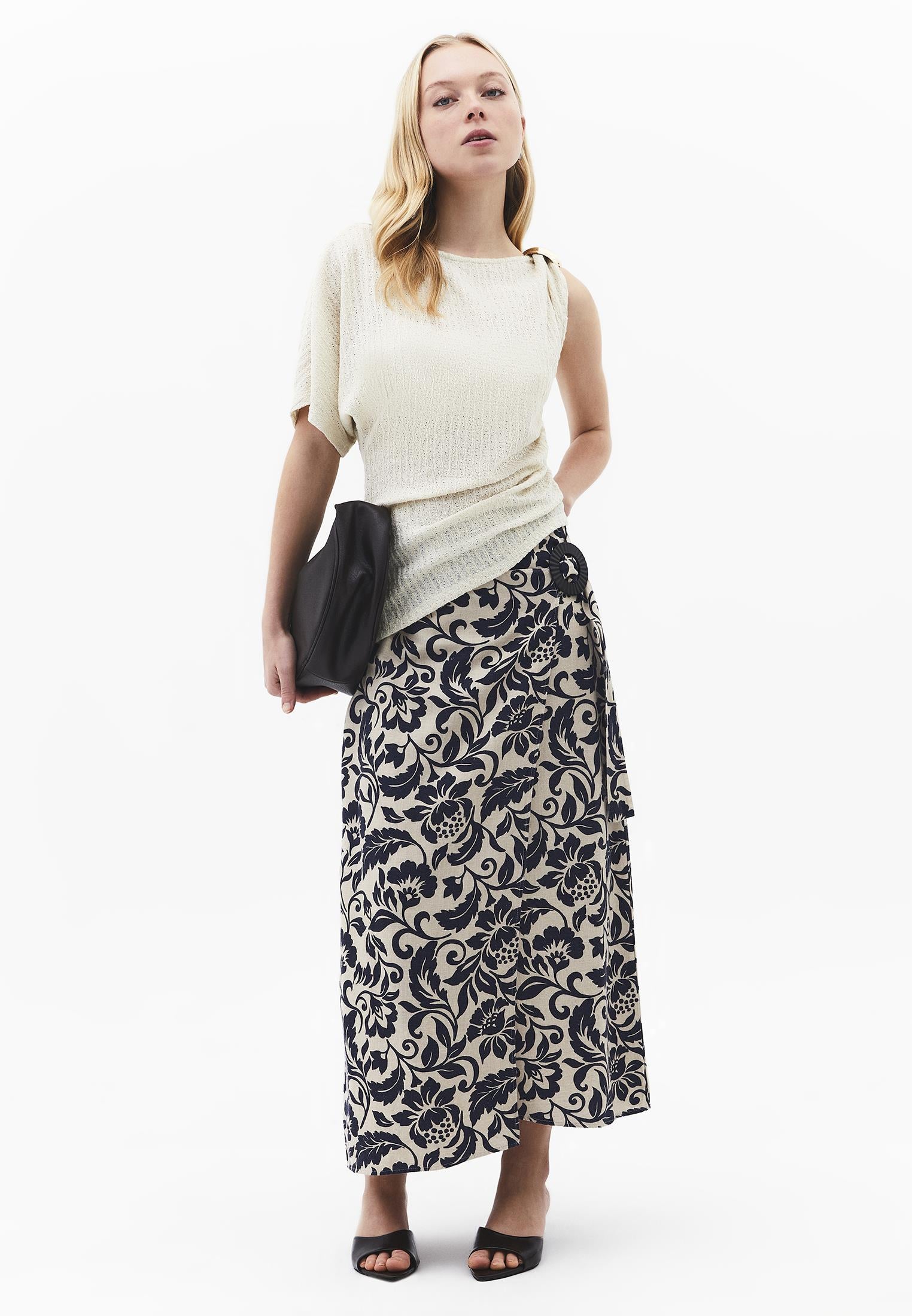 Asymmetric Boat Neck Blouse - ALMOND MILK