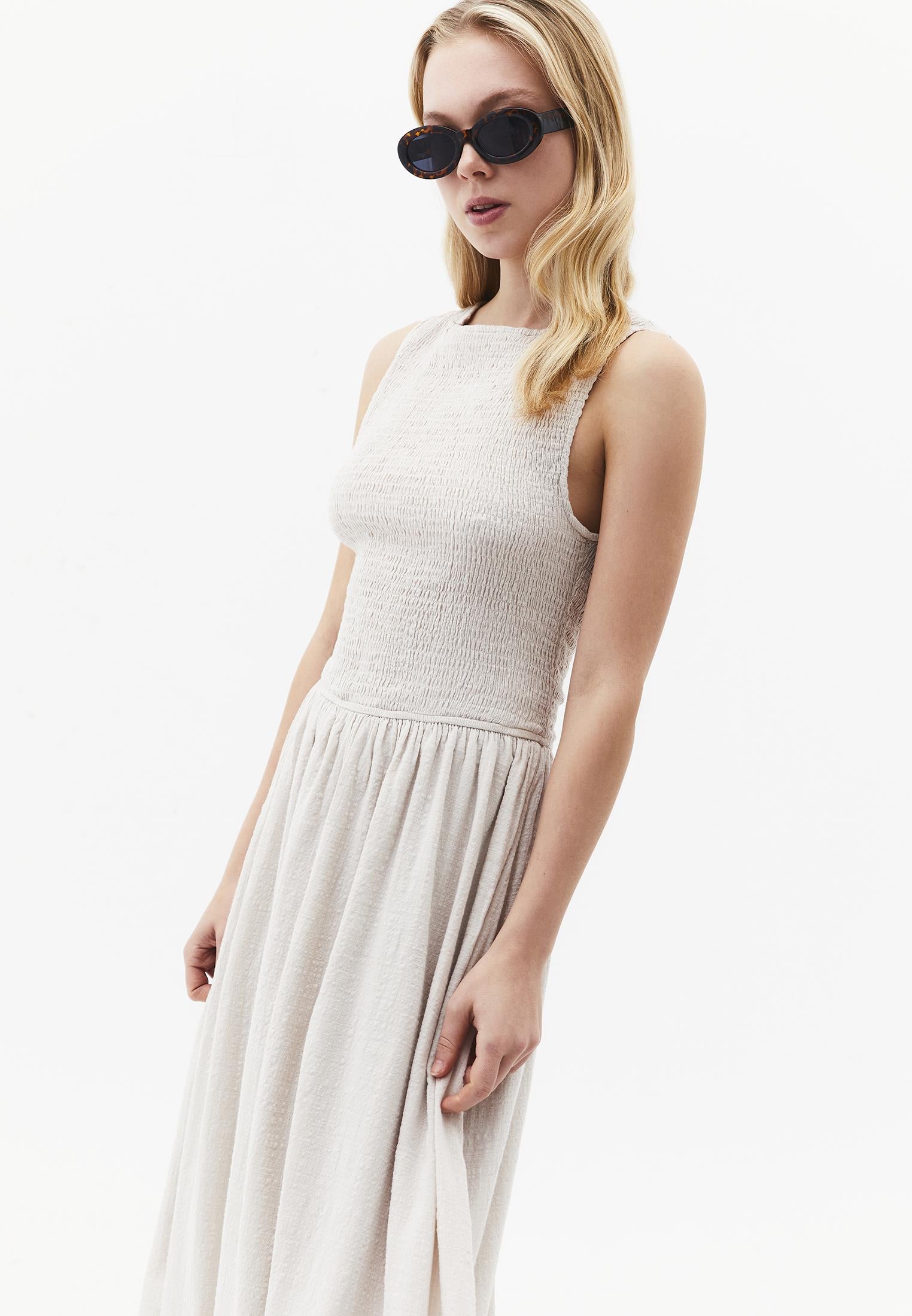 Long Boat Neck Smocked Sleeveless Dress - ALMOND MILK