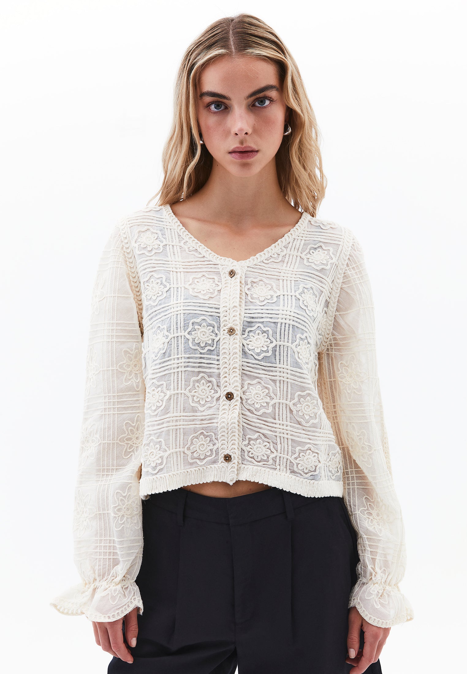 V Neck Embroidered Blouse - ALMOND MILK