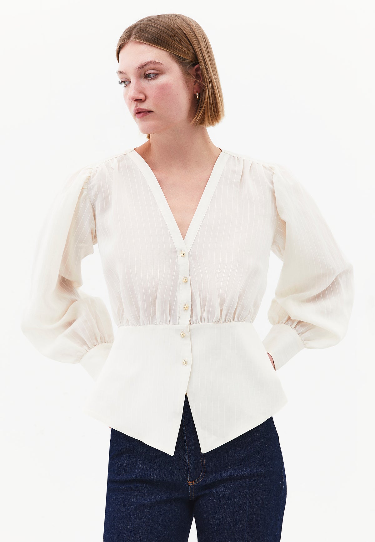 Ruched V-Neck Long Sleeve Blouse - ALMOND MILK