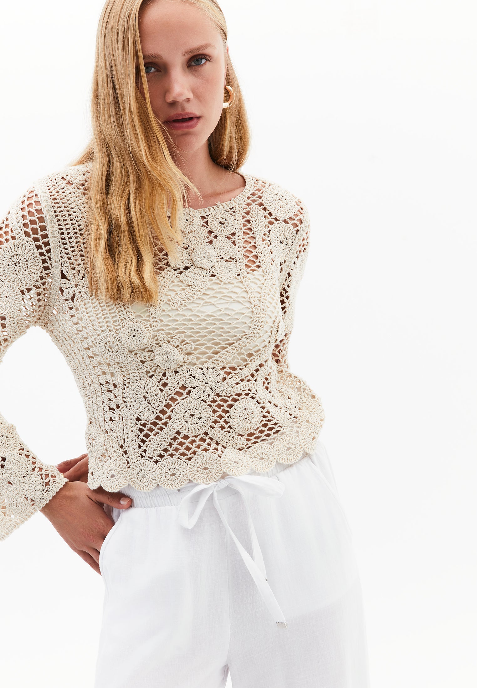 Cotton Long Sleeved Blouse - ALMOND MILK