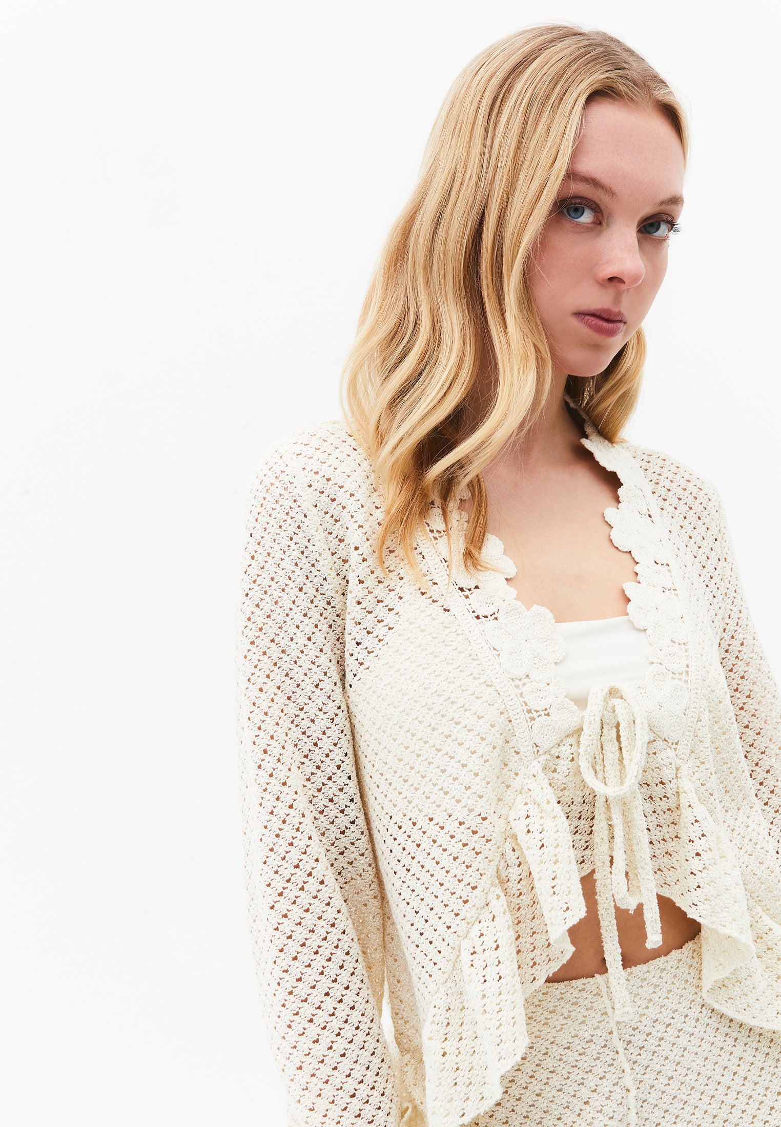 V Neck Openwork Standard Cardigan - ALMOND MILK