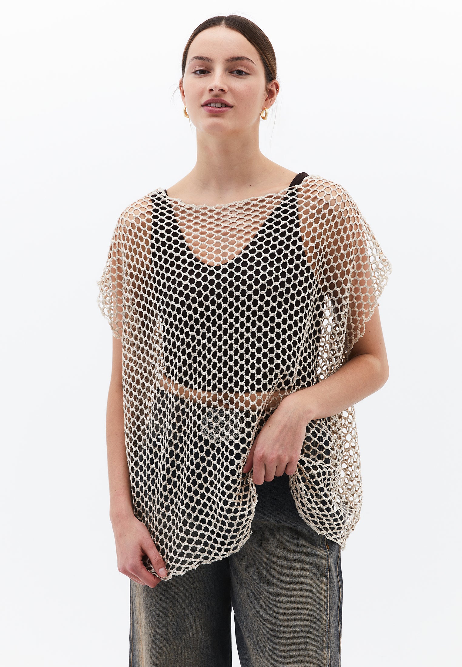 Oversize Boat Neck Tunic Blouse - ALMOND MILK