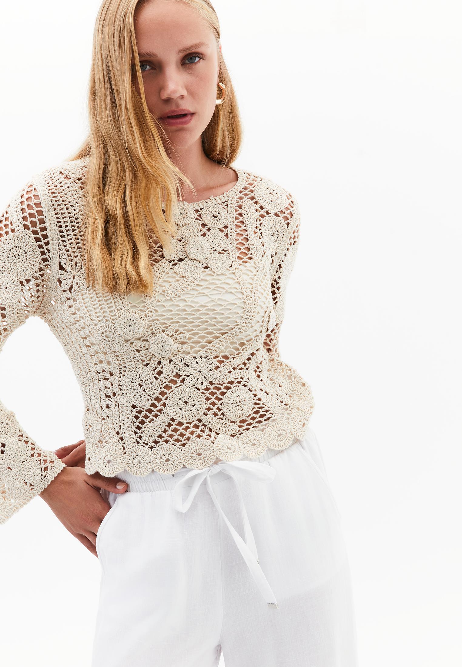 Cotton Long Sleeved Blouse - ALMOND MILK