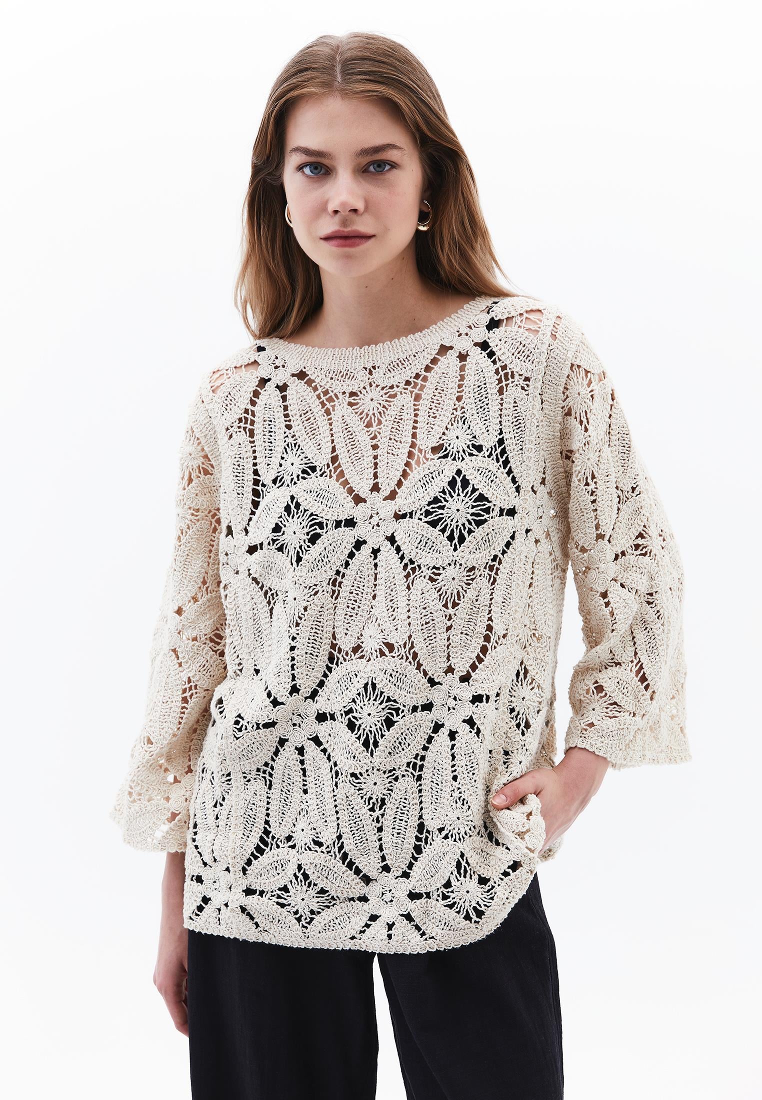 Blouse With Ajour Details - ALMOND MILK