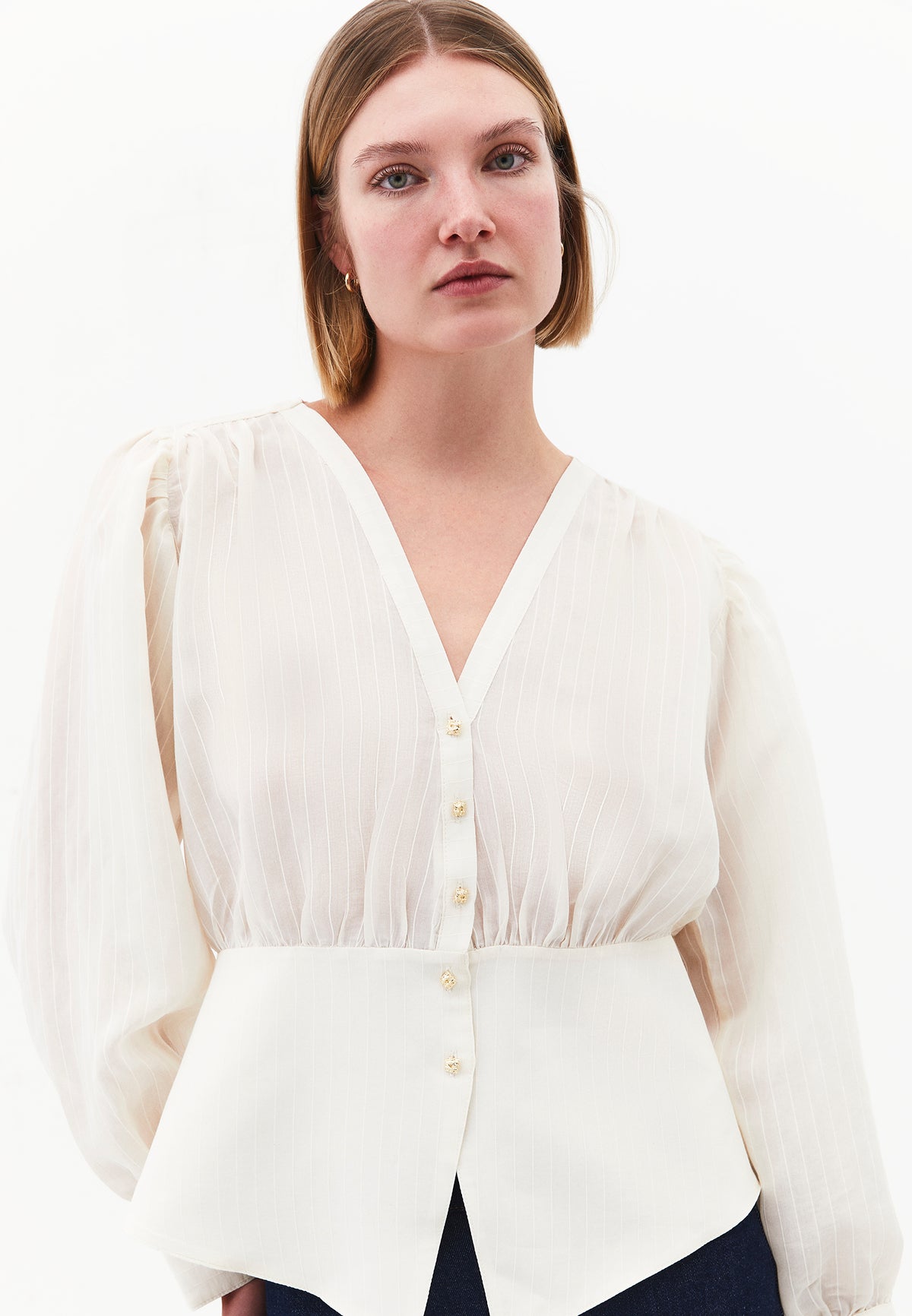 Ruched V-Neck Long Sleeve Blouse - ALMOND MILK