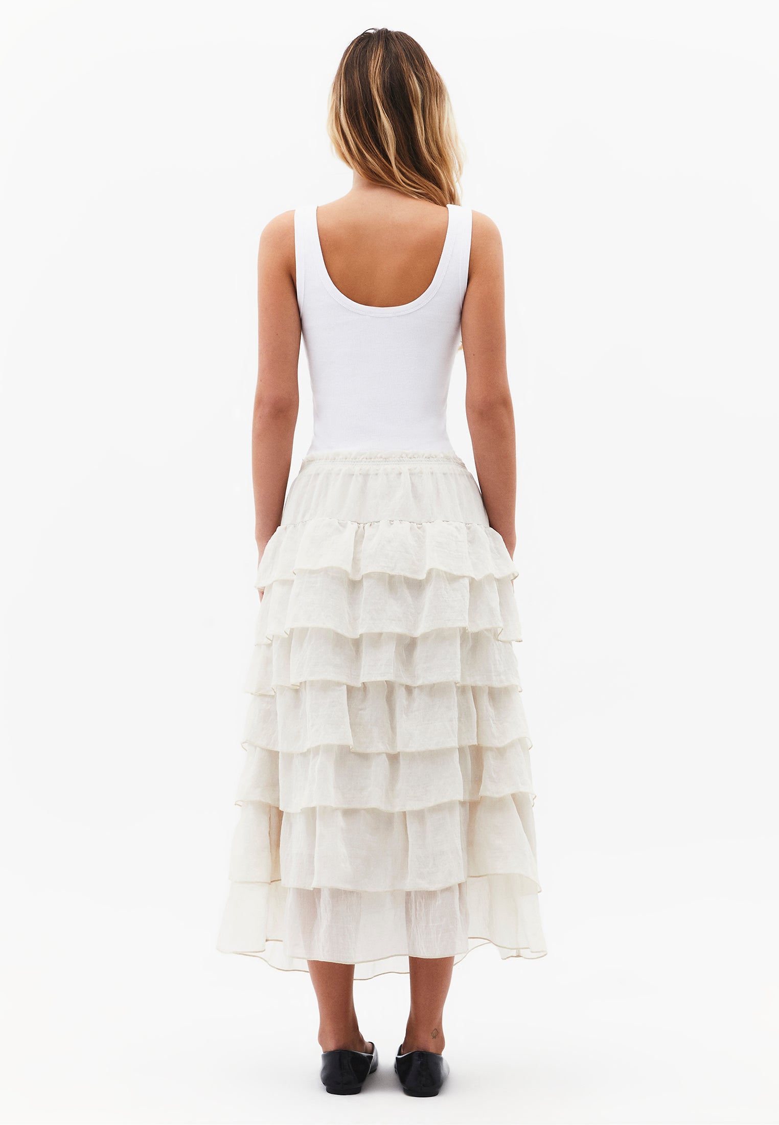 High Waist Long A-Line Ruffled Women's Skirt - ALMOND MILK