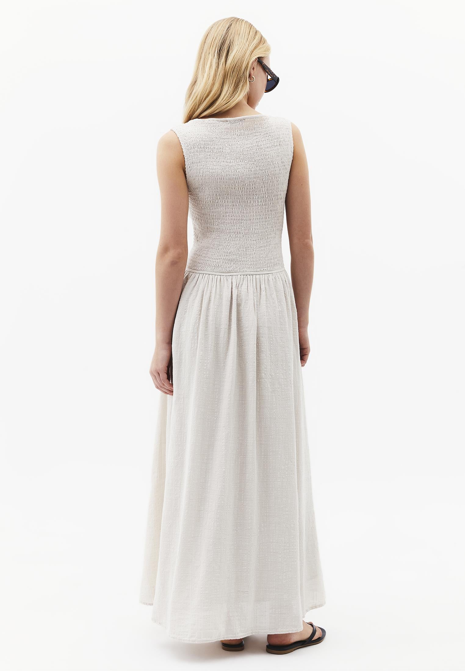 Long Boat Neck Smocked Sleeveless Dress - ALMOND MILK