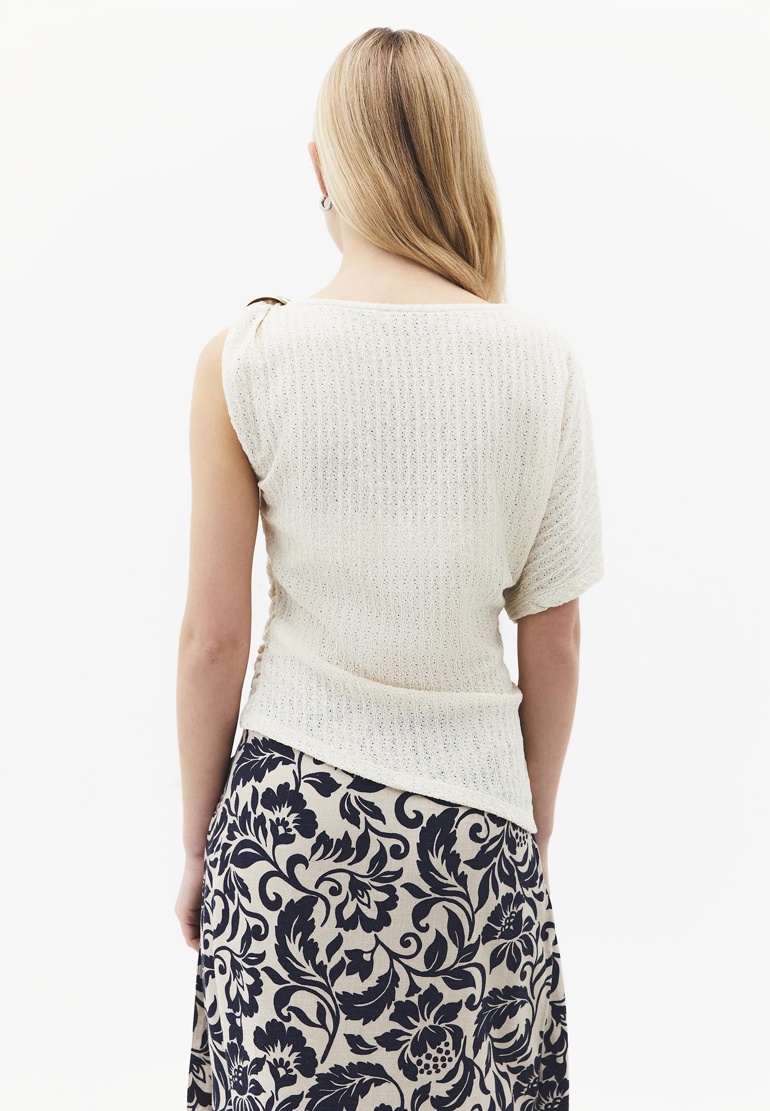 Asymmetric Boat Neck Blouse - ALMOND MILK