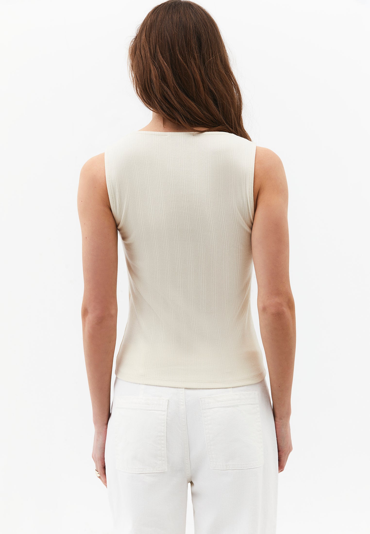 Wide Neck Buckle Detail Tank Top - ALMOND MILK