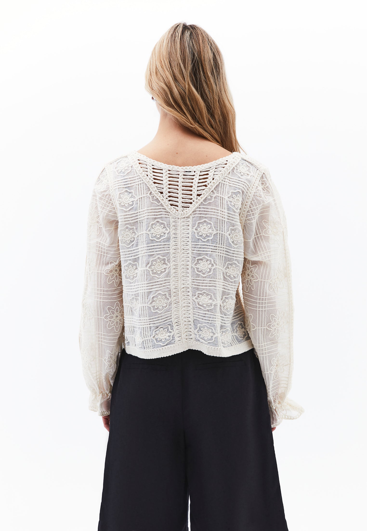 V Neck Embroidered Blouse - ALMOND MILK