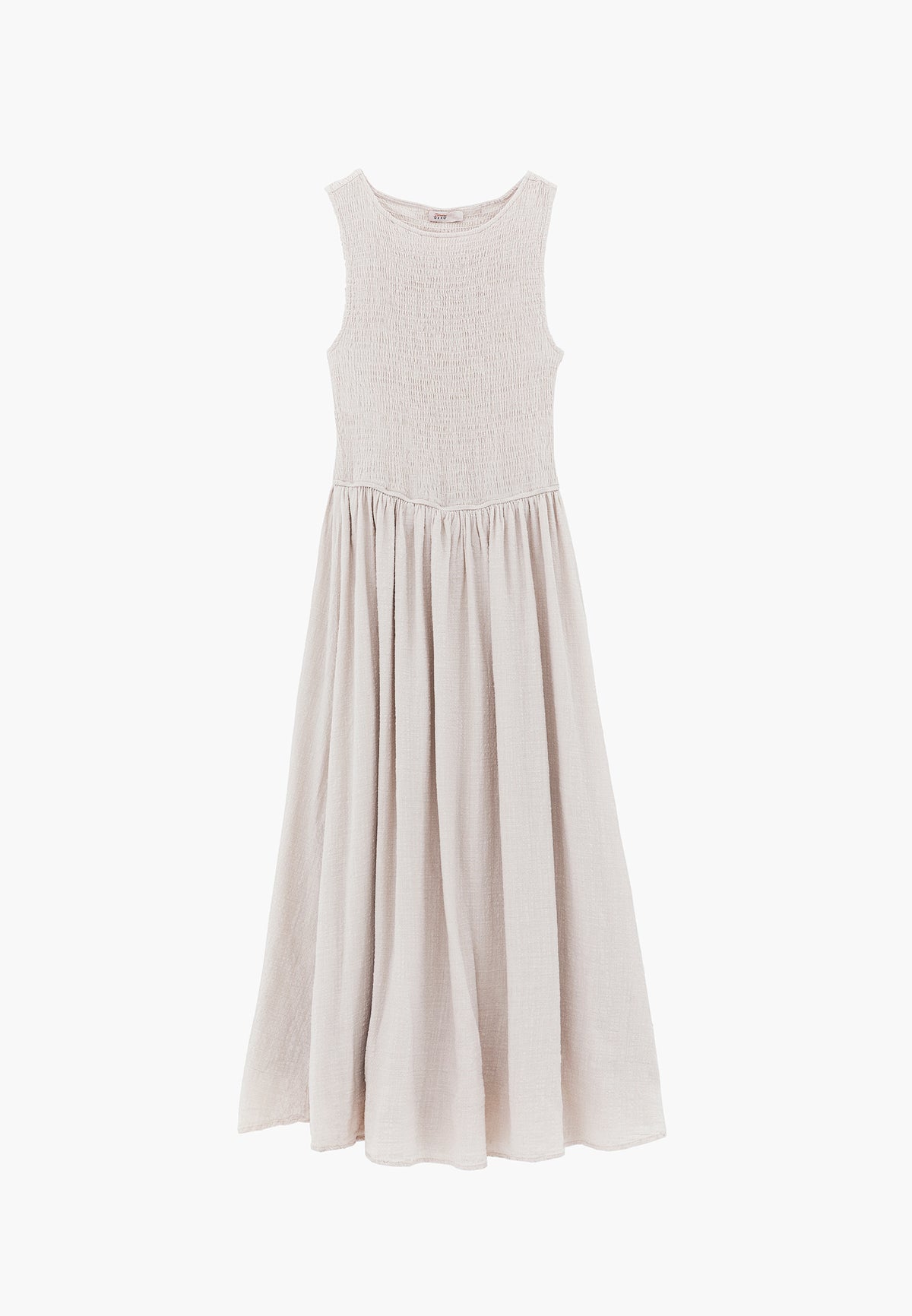 Long Boat Neck Smocked Sleeveless Dress - ALMOND MILK