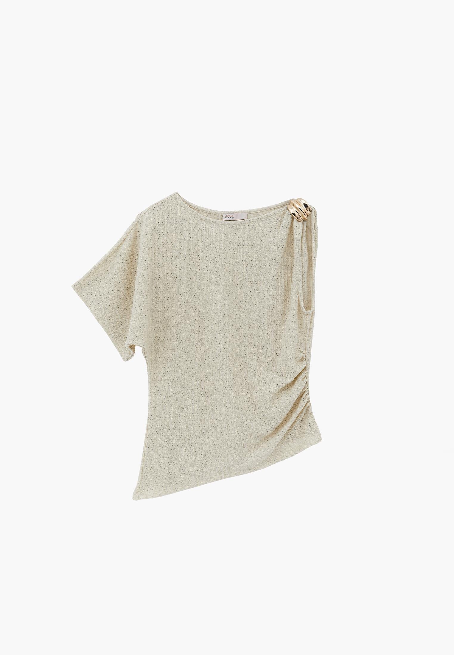 Asymmetric Boat Neck Blouse - ALMOND MILK