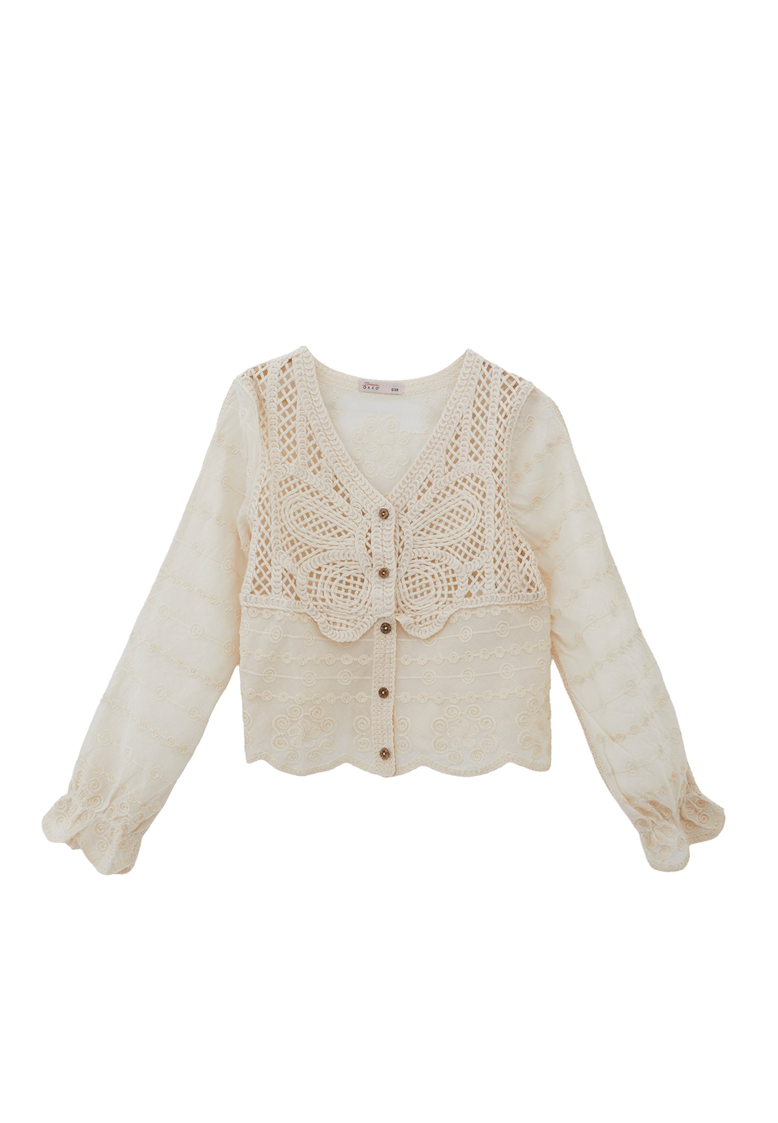 بلوزة بياقة على شكل حرف V بأكمام طويلة - حليب اللوز